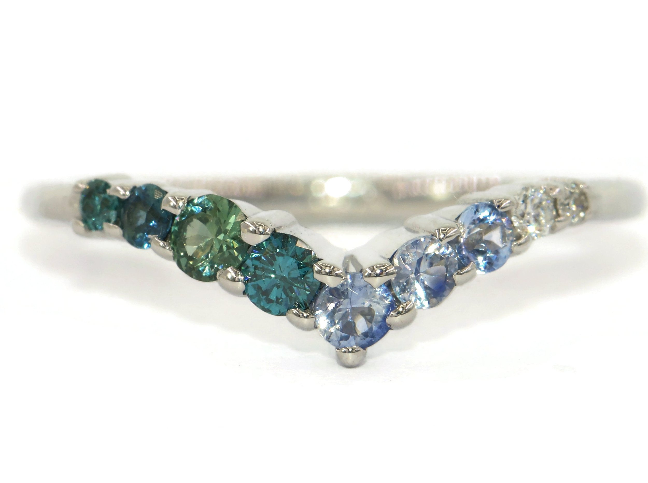 Teal Blue Green Ombre Multi Gemstone Cluster Flair Wedding Ring