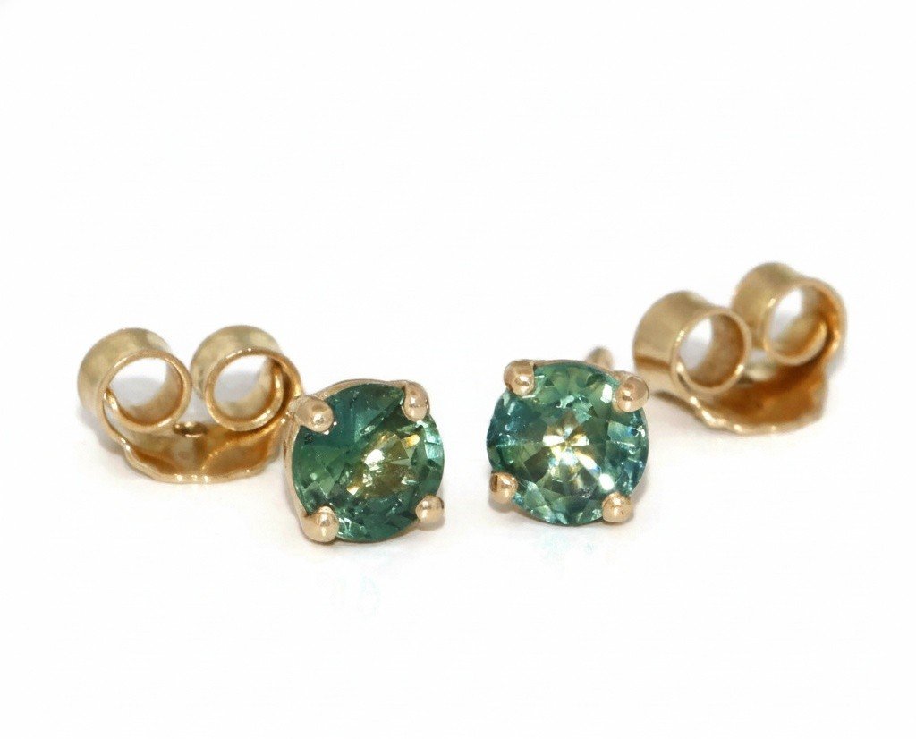 Custom Made Round Pastel Teal Green Natural Sapphire Stud Earrings