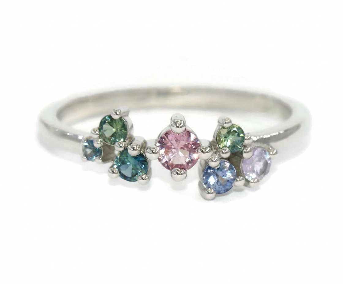 Scattered Natural Sapphires Colorful Cluster Ring