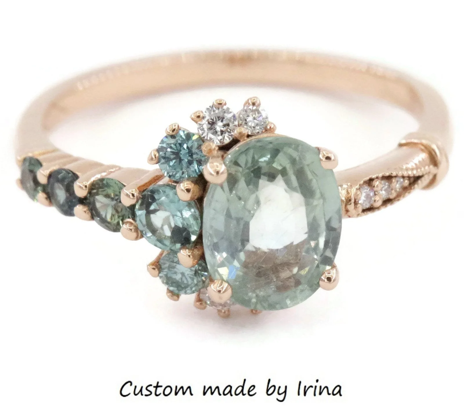 One Of A Kind Sea Foam Teal Green Cluster Engagement 14k Solid Gold Ring, SETTING ONLY