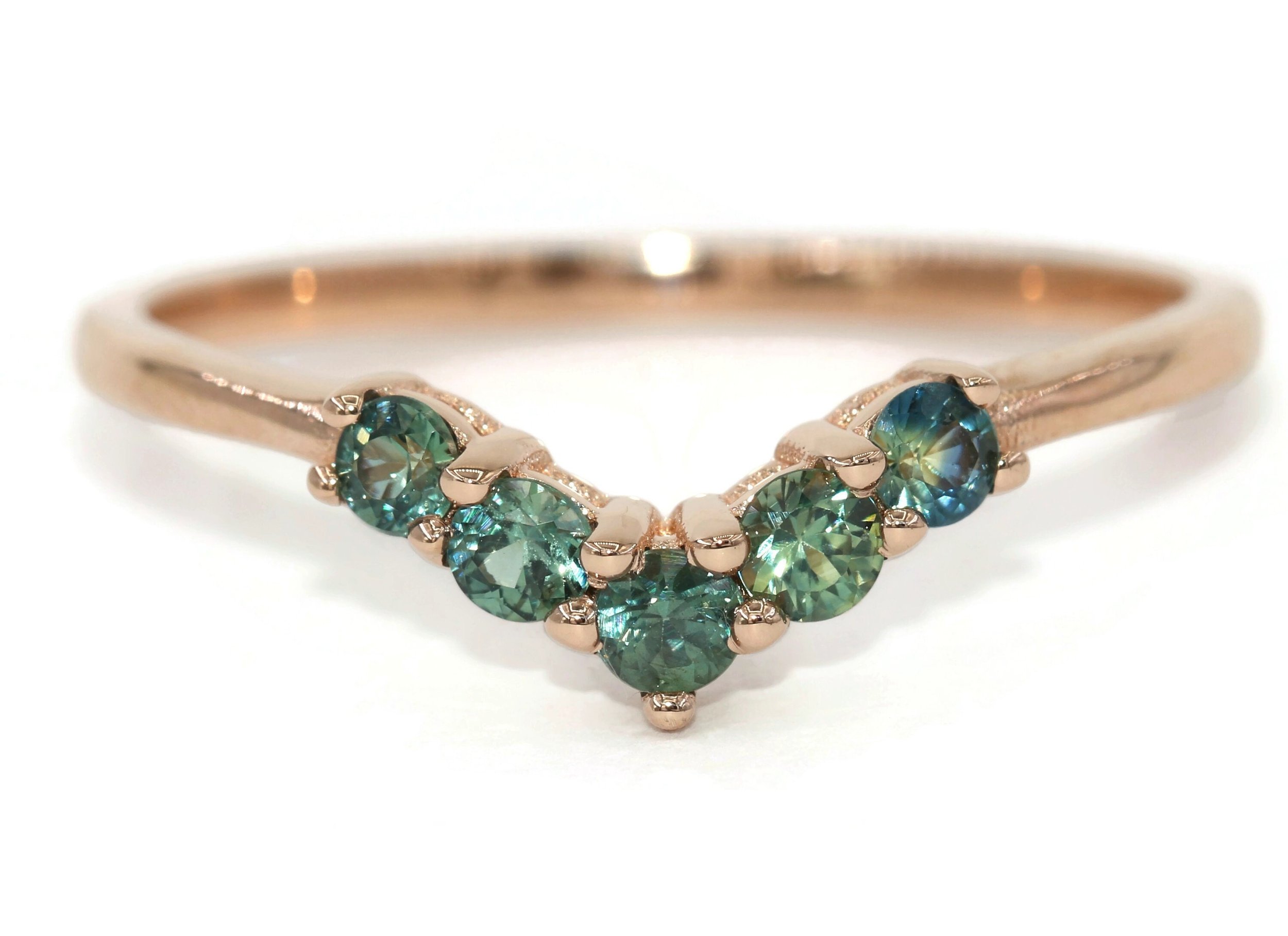 Flair Teal Blue Green Ombre Sapphires V Shape Wedding Ring
