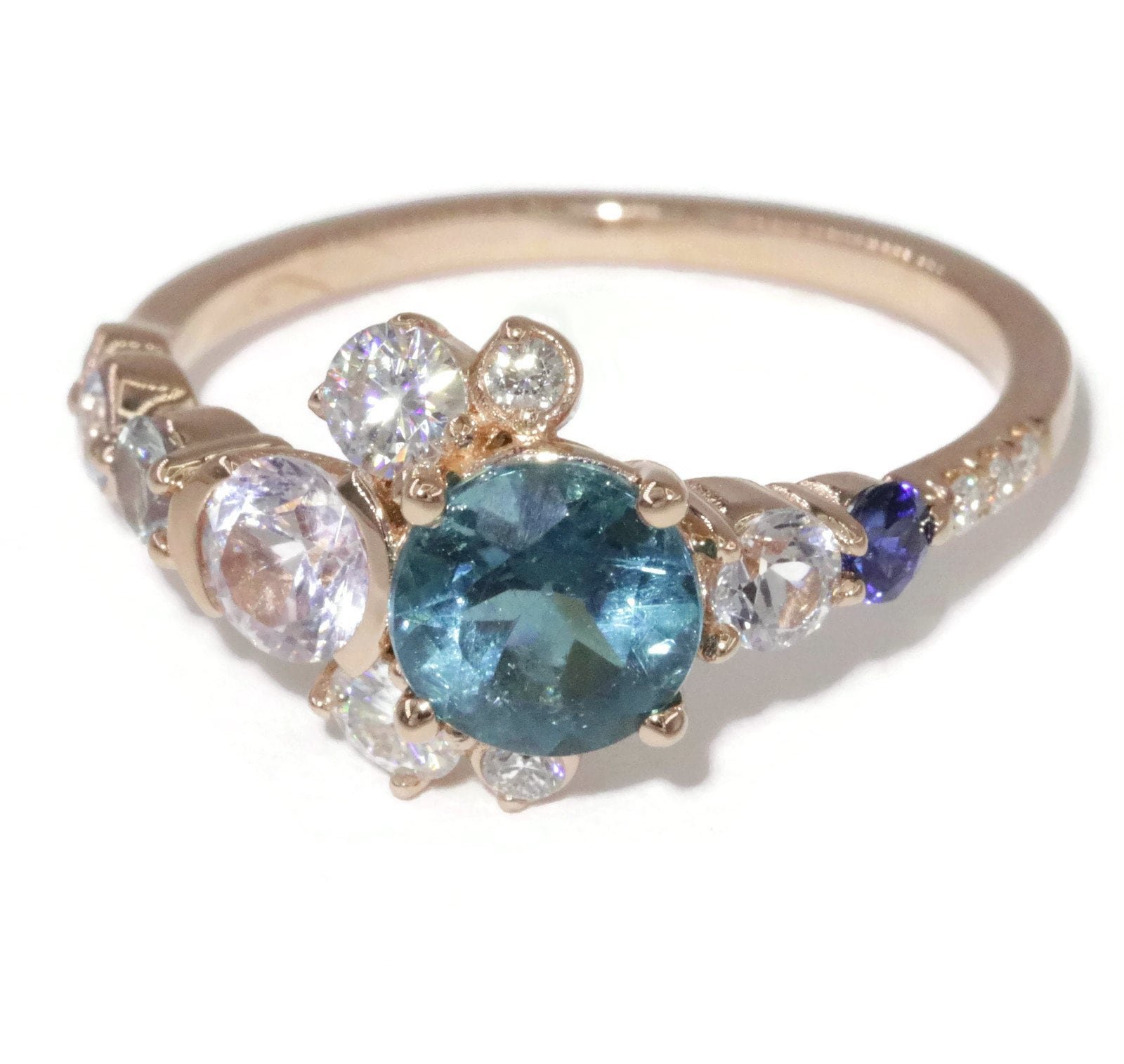1 carat Blue Green Natural Tourmaline Sun and Moon Ombre Cluster Crescent Halo Ring