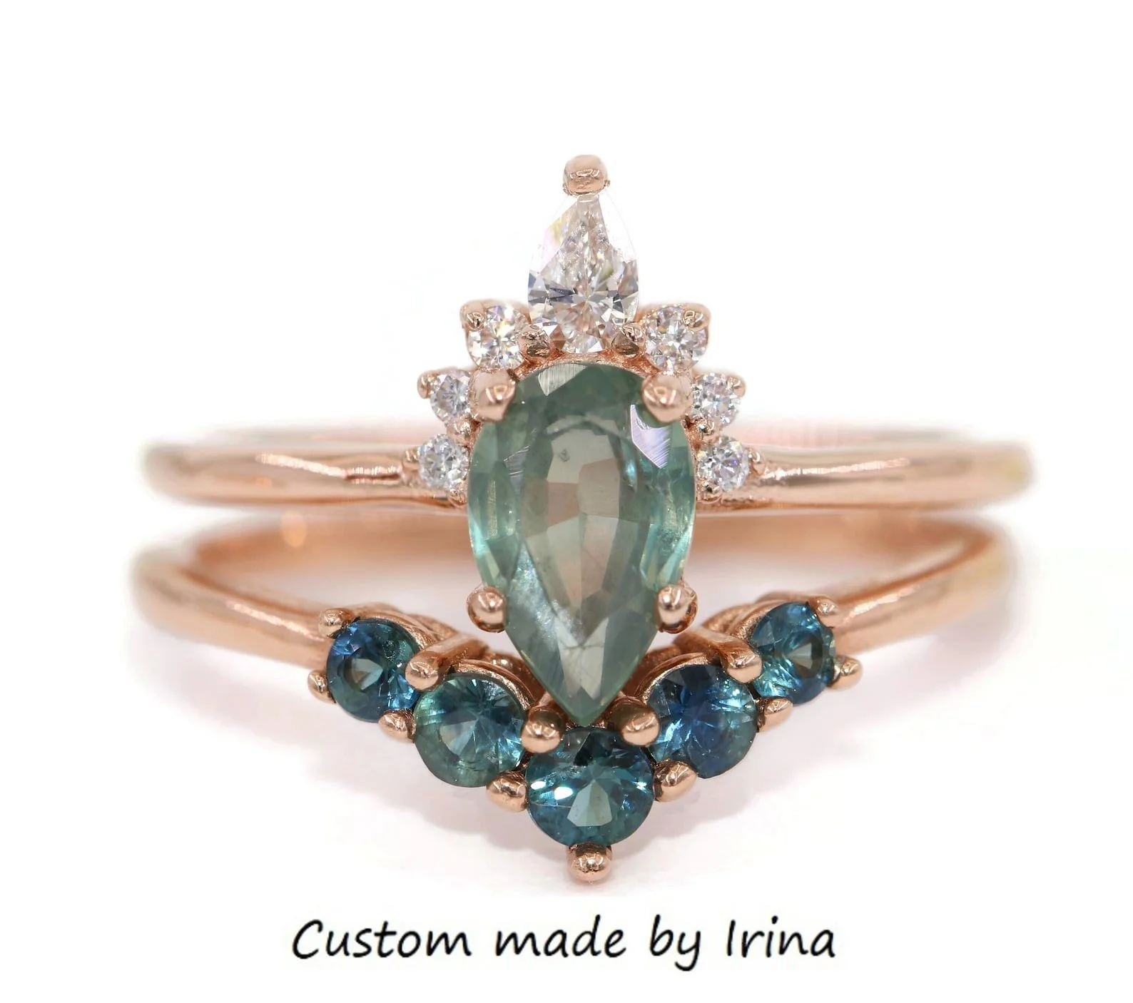 1 ct Pear Teal Pastel Green Sapphire Sunburst Diamond Engagement Ring 14k Solid Gold