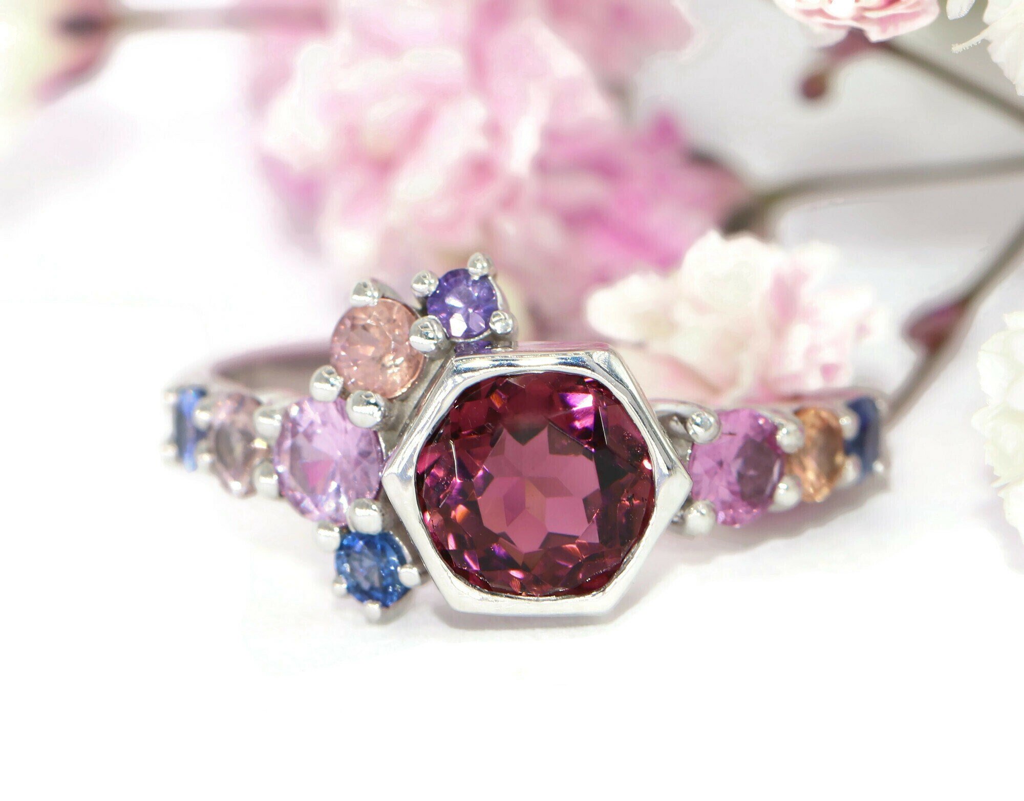 1.5 ct Natural Tourmaline and Sapphires Pink Peach Ombre Cluster Ring