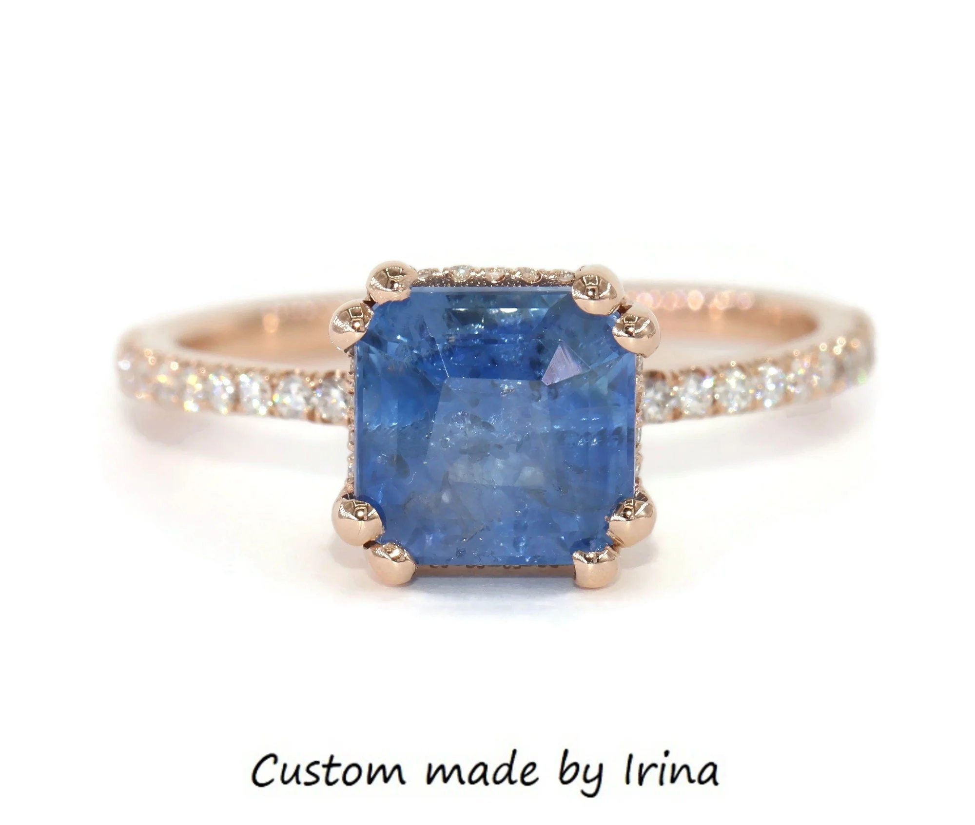 Custom 2.5 ct Natural Sapphire Hidden Diamond Halo Engagement Ring 14k Solid Gold