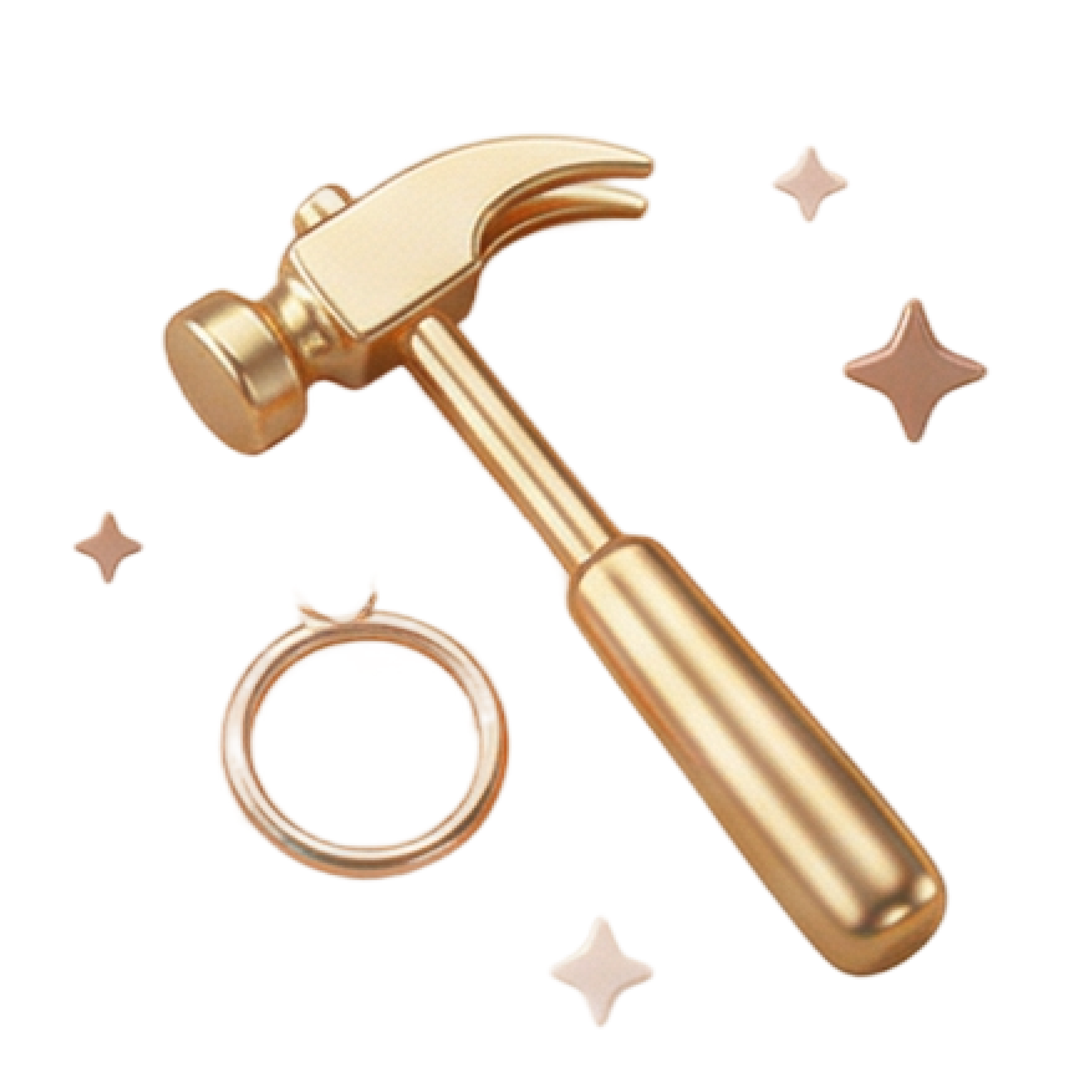 A golden hammer and a golden handcuff, surrounded by small sparkling stars.