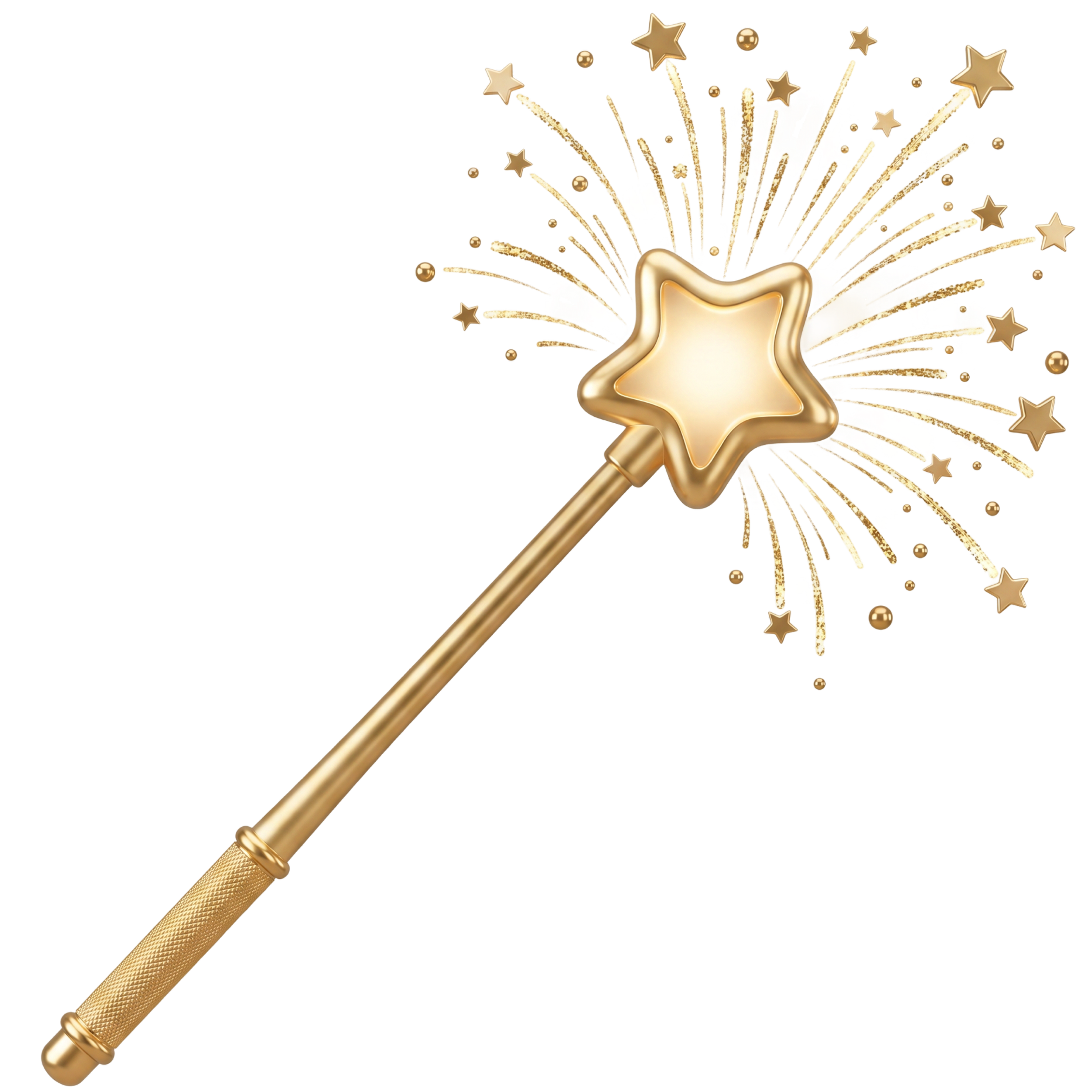 Gold star-shaped magic wand with a textured handle and sparkly star at the tip, emitting golden star-shaped and spherical bursts.