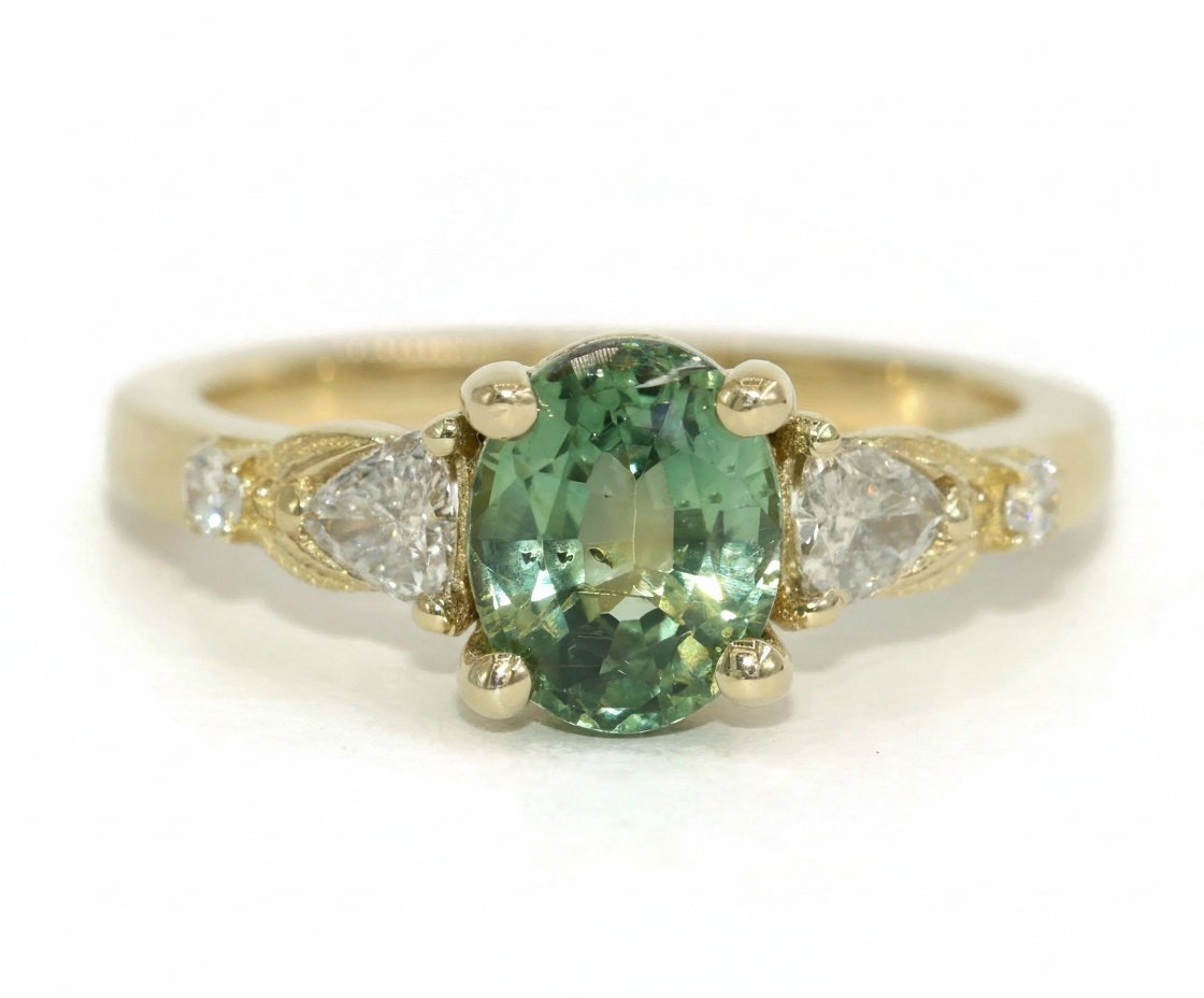 1 ct Oval Green Natural Sapphire and Trillion Natural Diamonds Leaf Pattern Ring
