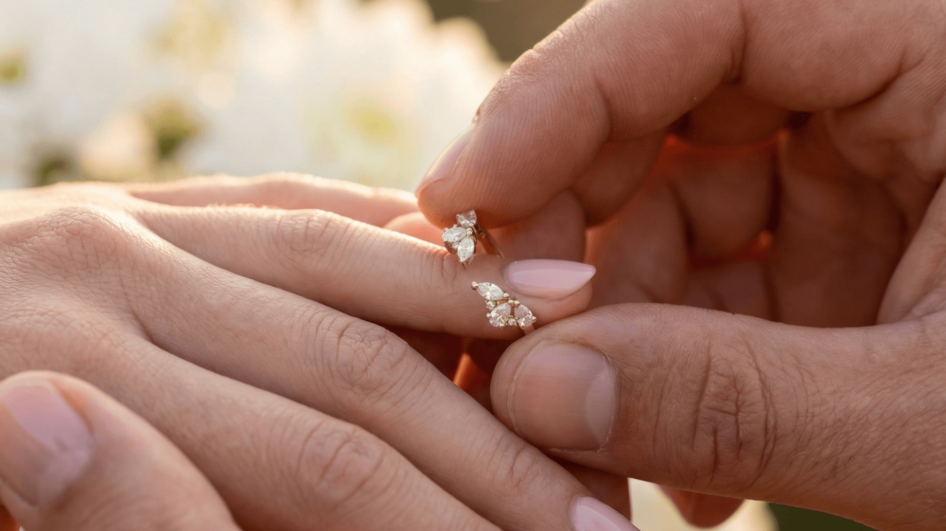 Hands exchanging diamond engagement rings with floral designs, close-up of rings and fingers.