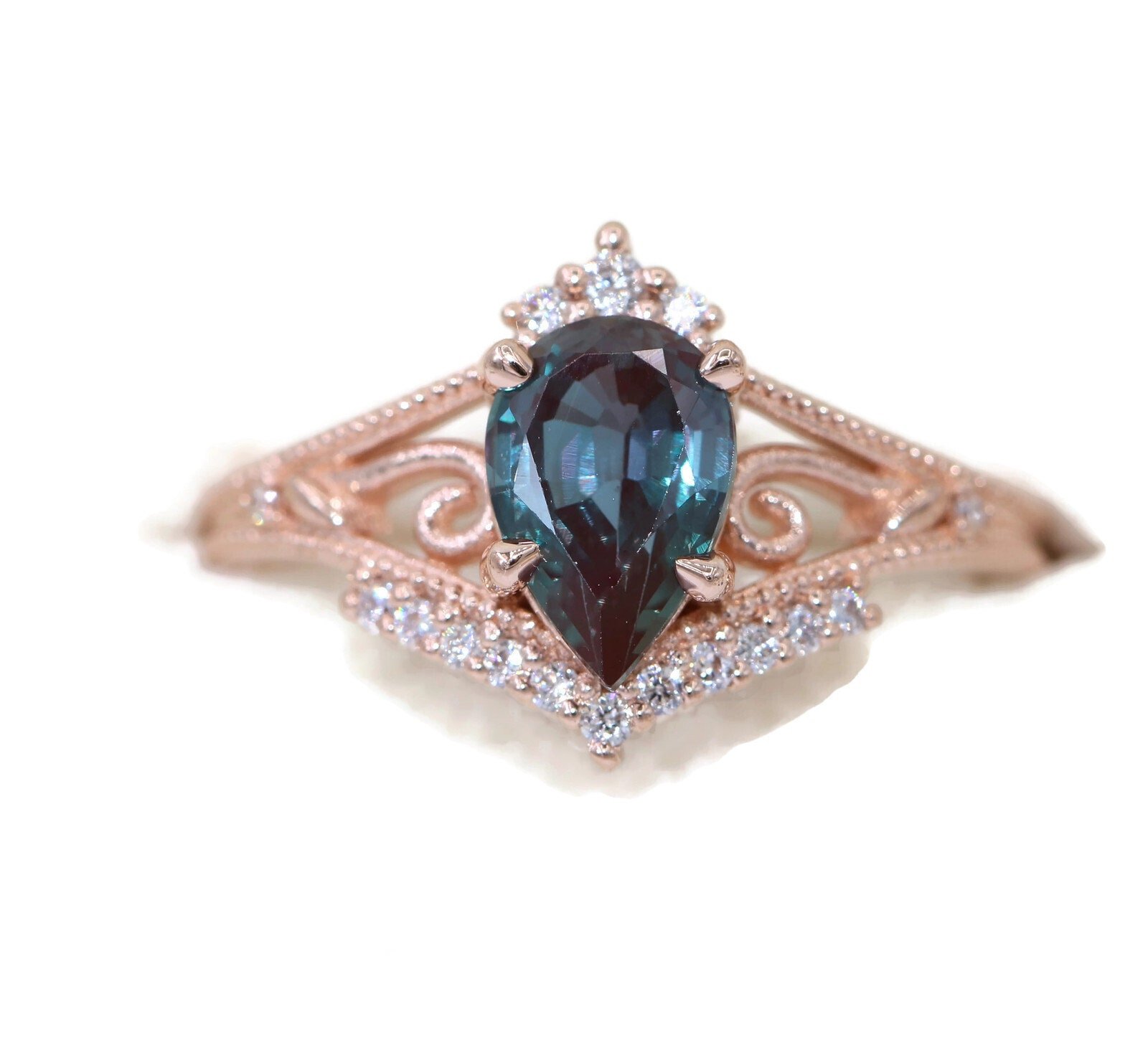 1.5 Color Change Pear Lab Alexandrite Split Shank Mill Grain Filigree Scroll Ring
