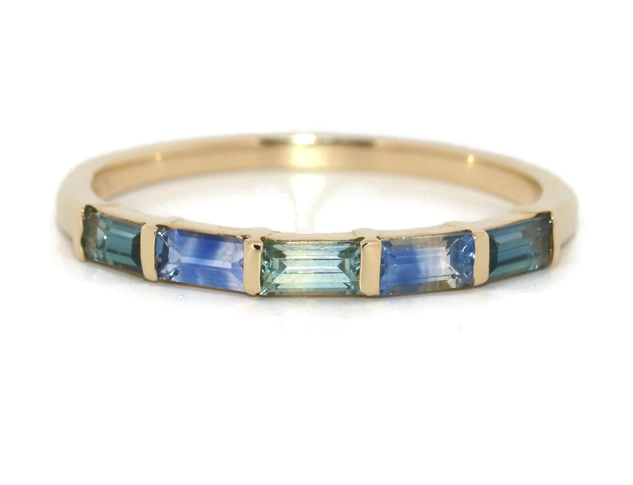 Ombre Blue Green Baguette Natural Sapphires Half Bezel Ring