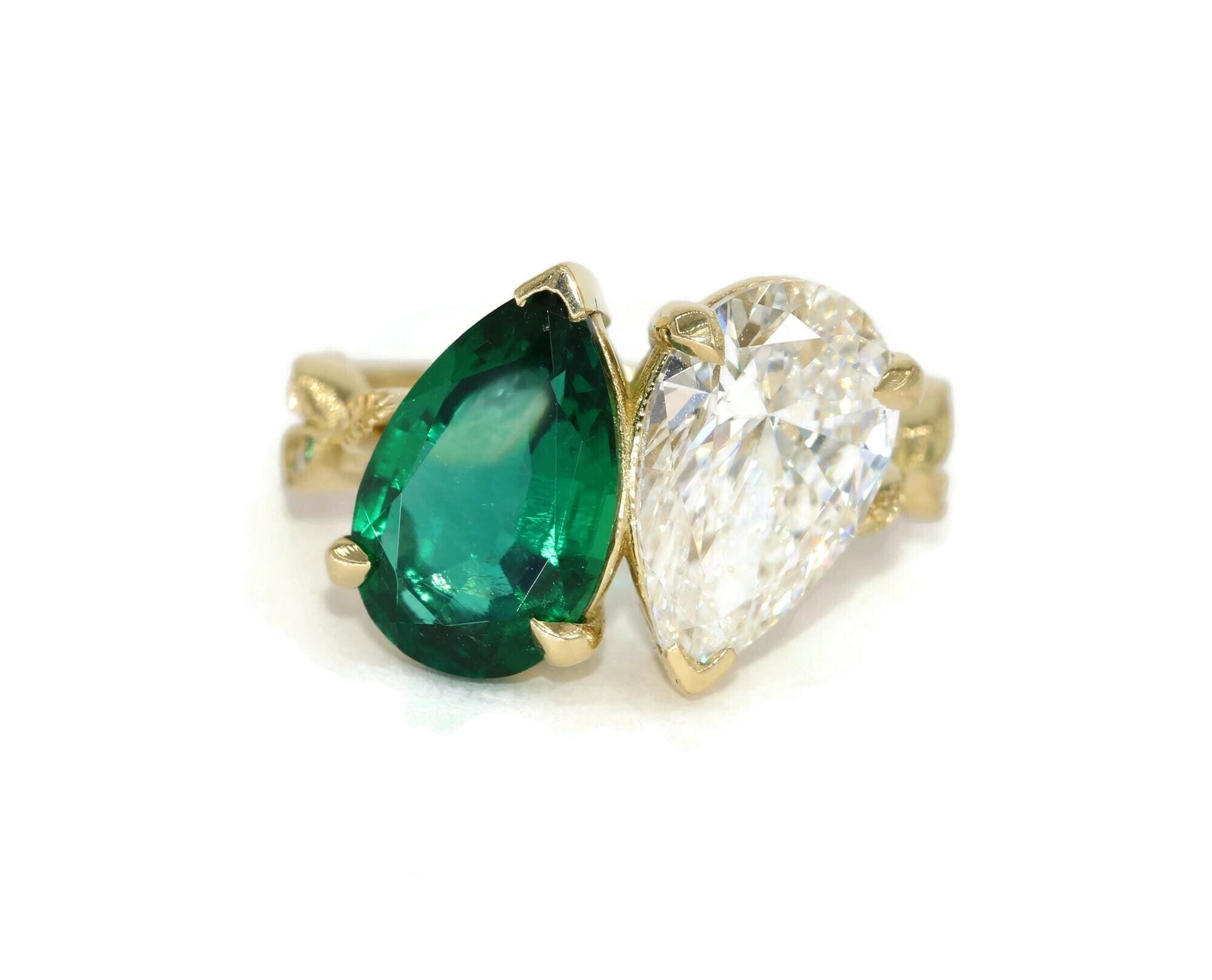 Toi et Moi 1.5 ct Pear Lab Diamond and Emerald Custom Engagement Ring