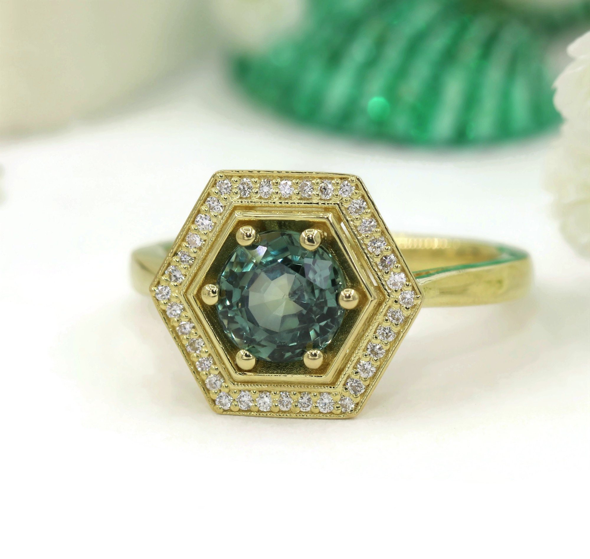 GIA Certified Hexagon Diamond Halo 1.5 ct Teal Green Montana Sapphire Engagement Ring