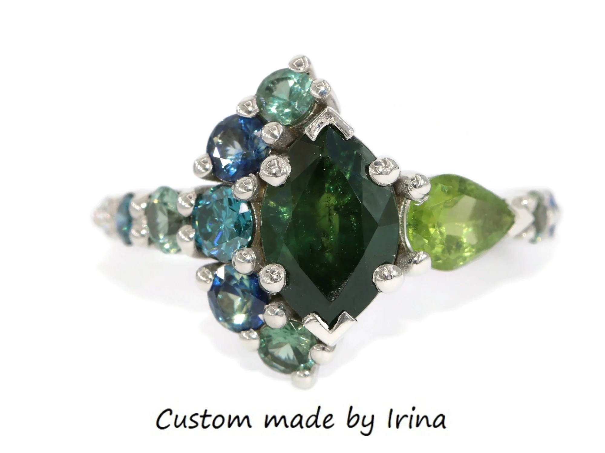 2 ct Forest Green Marquise Natural Sapphire Cluster Ombre 14k Solid Gold Ring