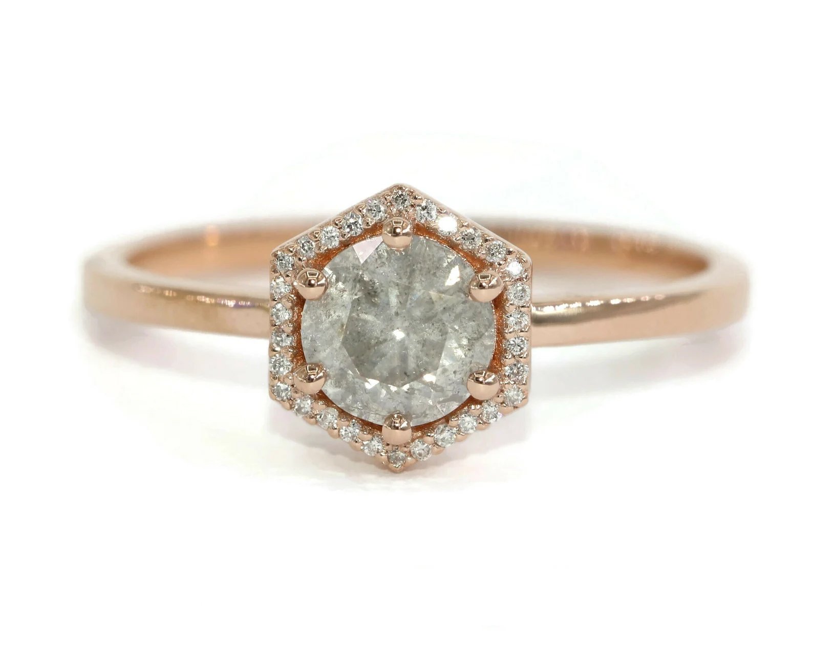 Hexagon Halo Salt and Pepper Gray Natural Diamond Ring