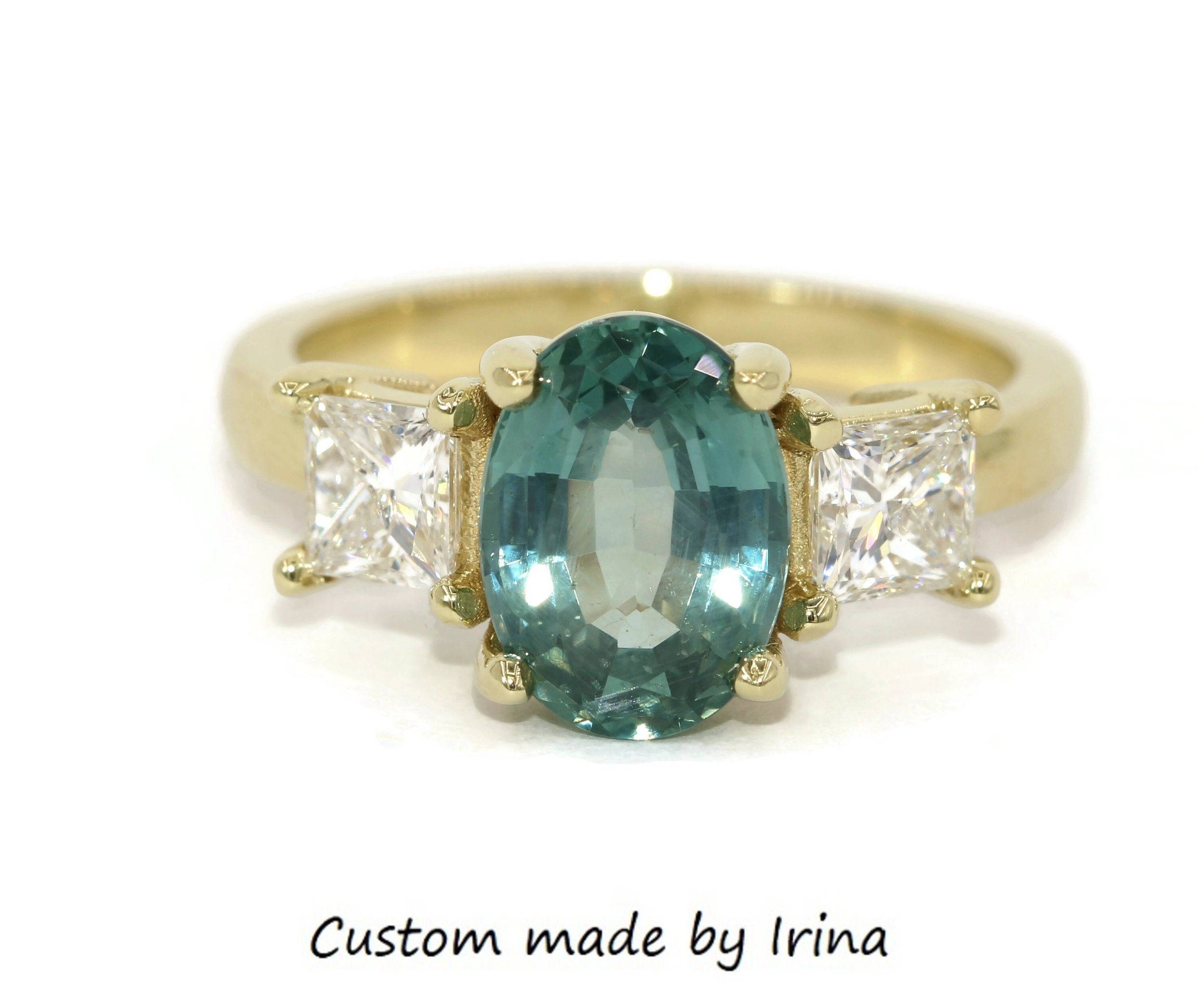 GIA Certified 3 Stone Oval Natural Sapphire Engagement Ring with Princess Diamond Side Stones