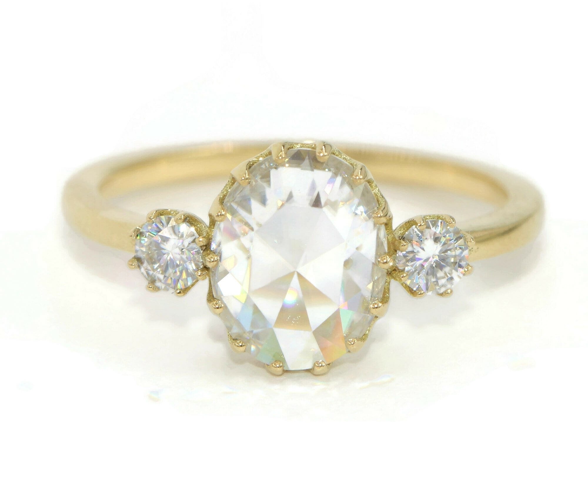 IGI Certified 1.3 ct Rose Cut Lab Diamond 3 Stone Ring Vintage Inspired