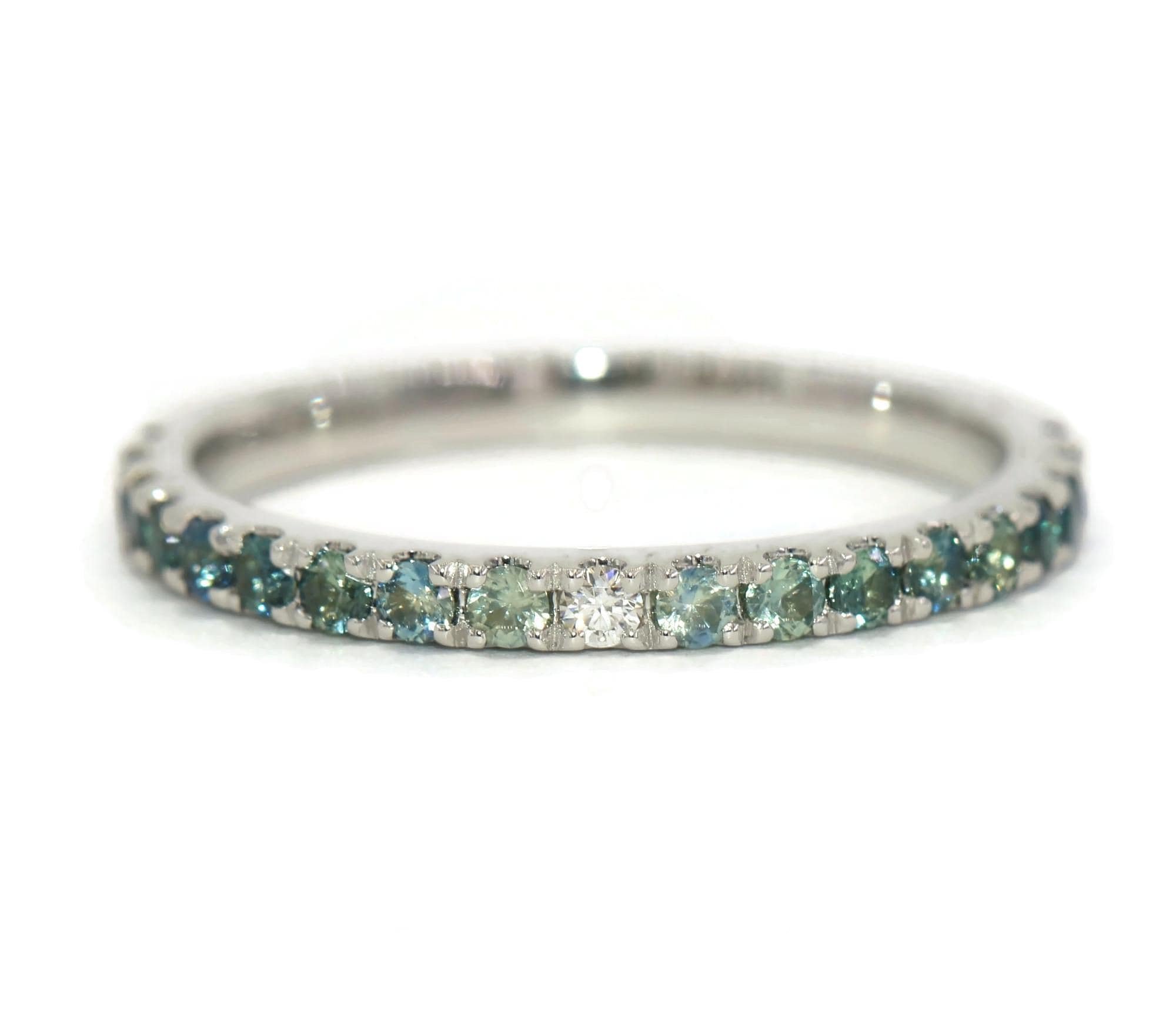 Ombre Blue Green Natural Sapphires + Diamonds Wedding Cluster Ring