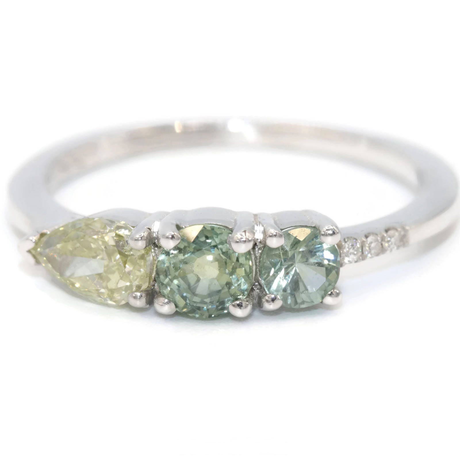 Linear Cluster Green Round Sapphire + Yellow Pear Diamond Ring
