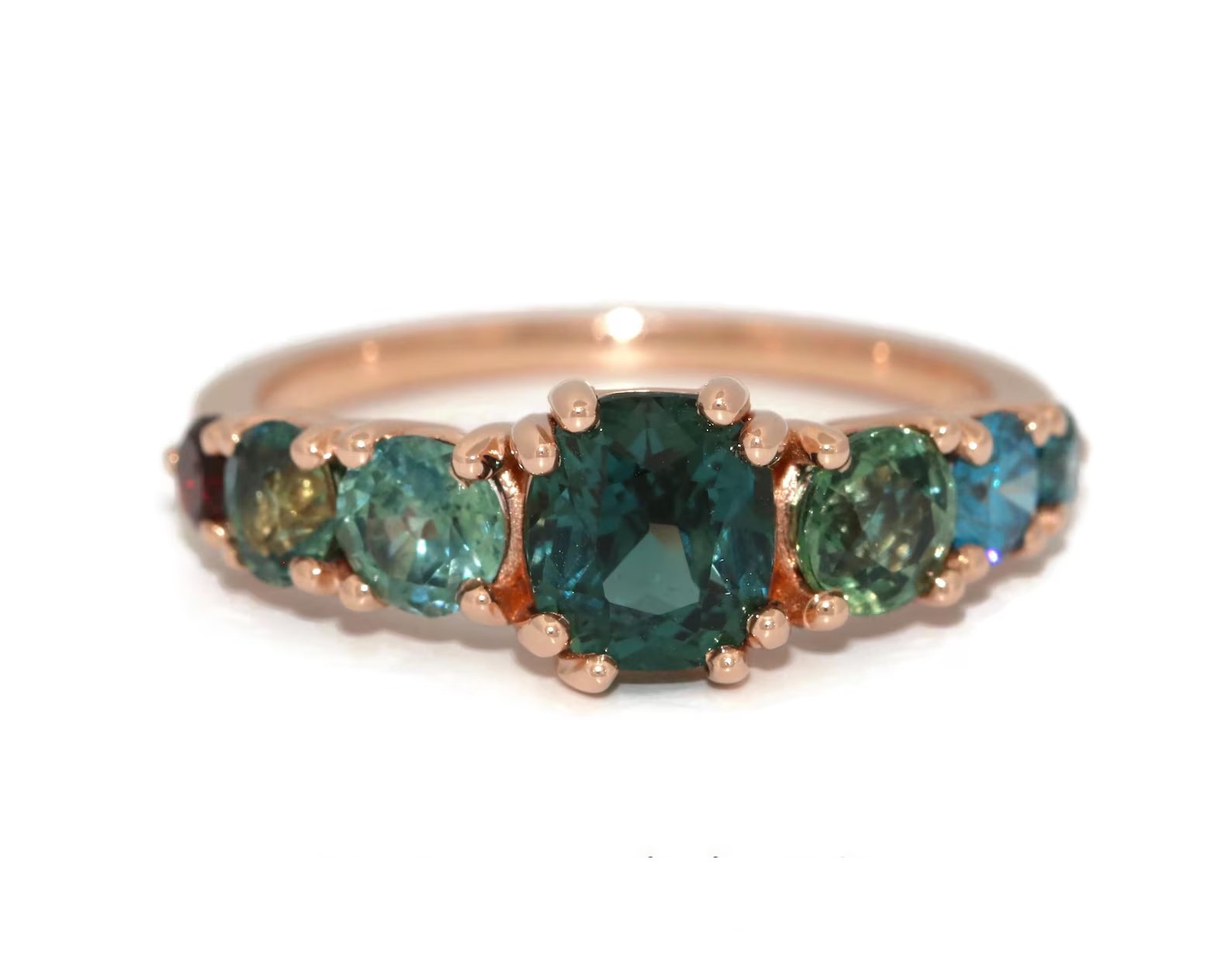 1.5 ct Unheated Natural Blue Green Sapphire Ombre Cluster Ring