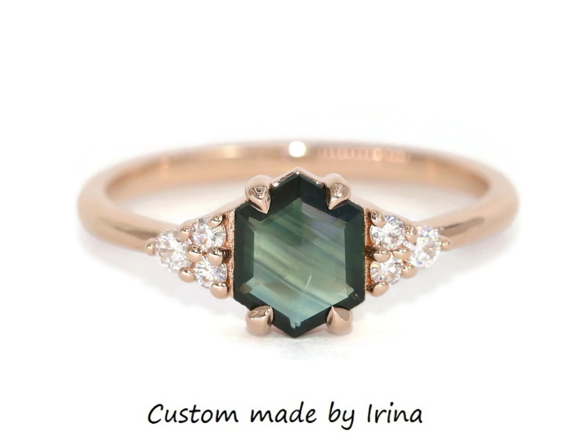 1.25 carat Elongated Hexagon Parti Blue Green Natural Sapphire Engagement Rings Set 14k Solid Gold