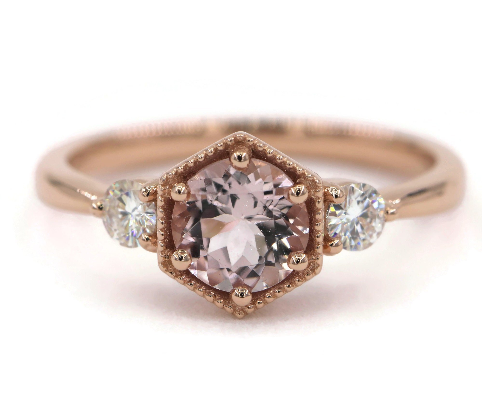 Custom Made Three Stone Hexagon Pink Morganite Ring