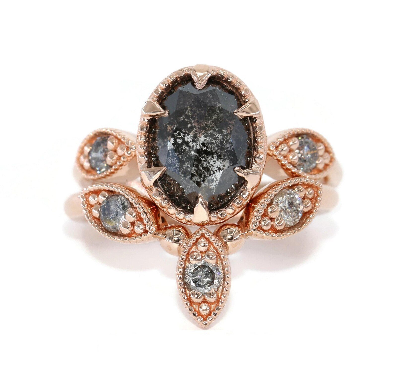3 carat Salt and Pepper Rose Cut Natural Diamond Engagement Ring