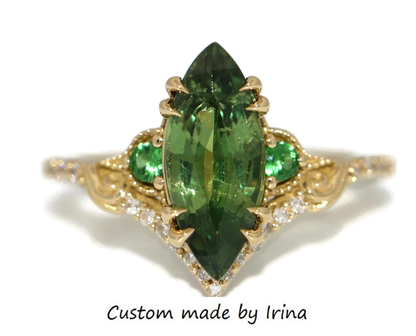 2.5 ct Natural Blue Green Marquise Green Sapphire Engagement Ring 14k Solid Gold