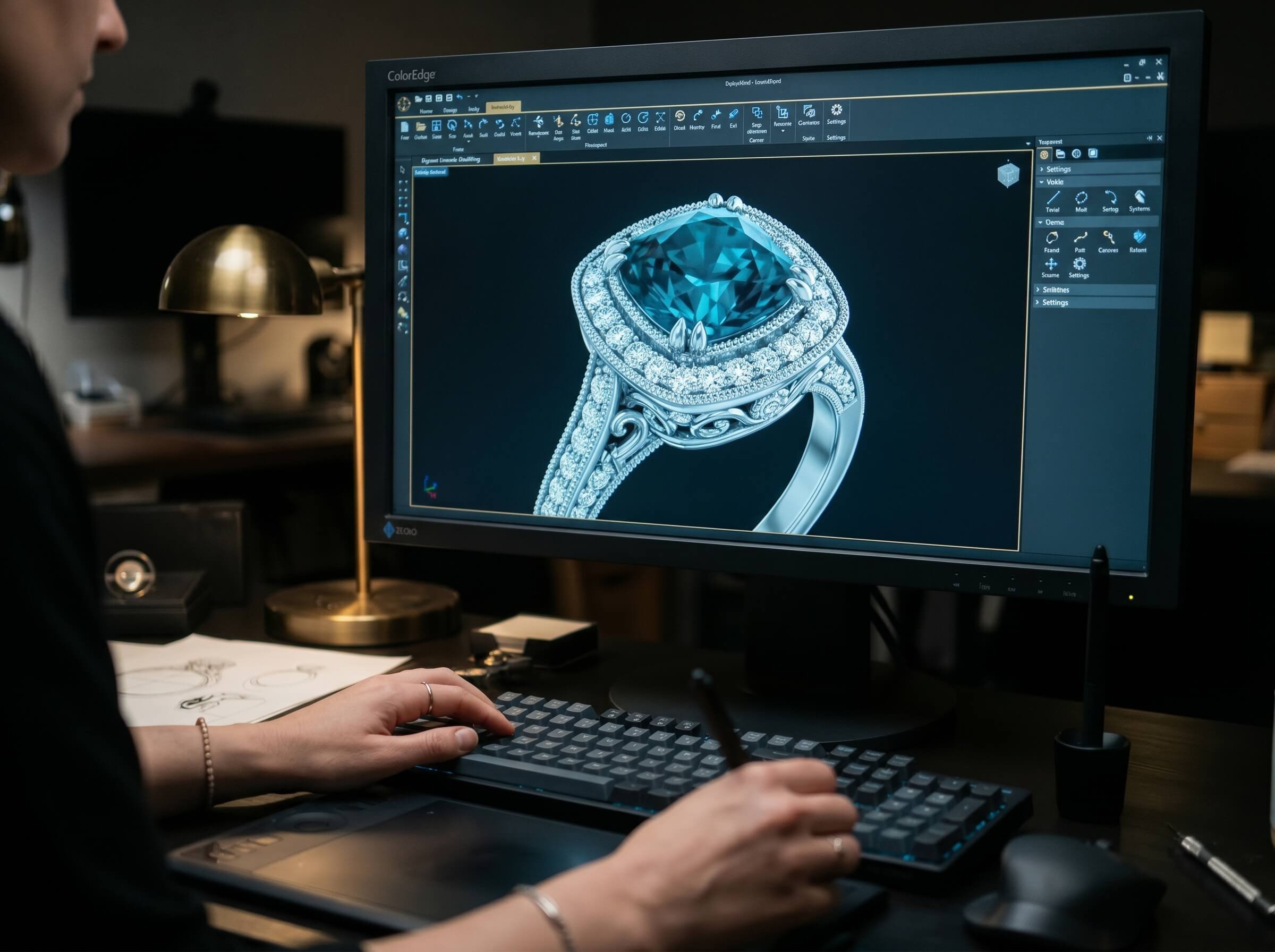 Jewelry designer working on cushion cut teal sapphire double halo ring CAD design in CadEdge 3D jewelry software
