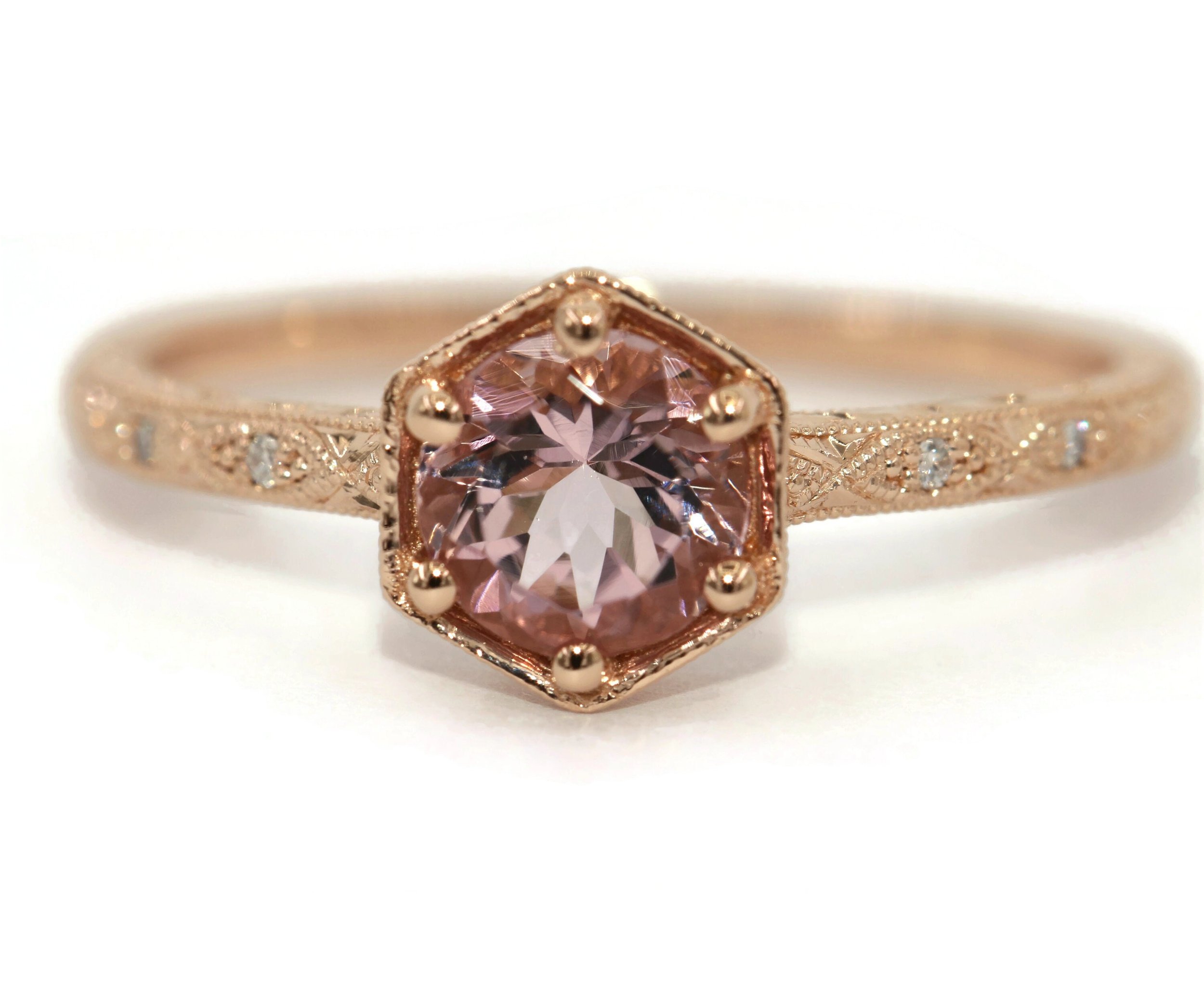 Hand Engraved Hexagon Morganite Engagement Ring