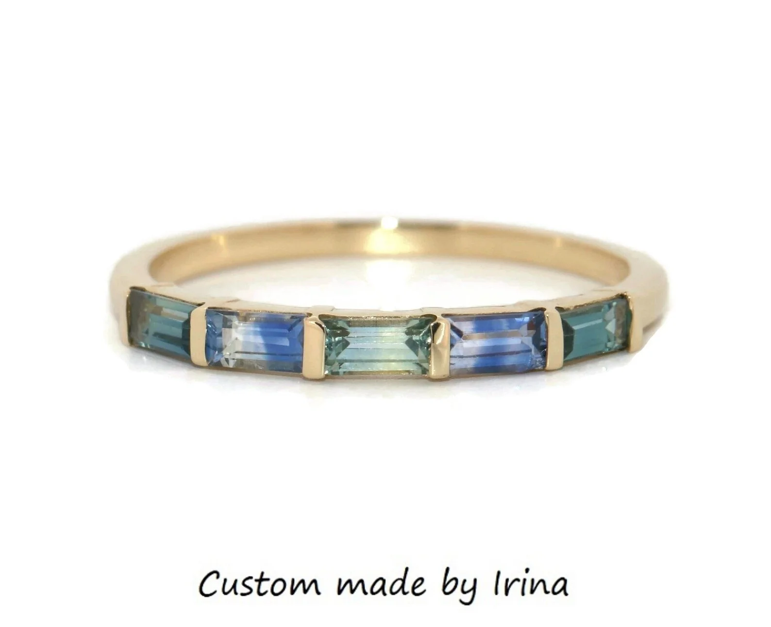 Ombre Blue Green Baguette Natural Sapphires Half Bezel Ring 14k Solid Gold