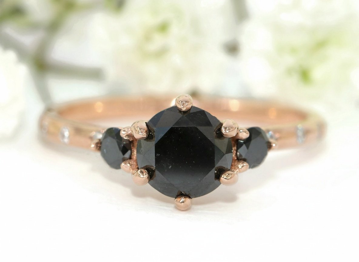 1.5 ct Natural Black Diamond 3 Stone Engagement Ring