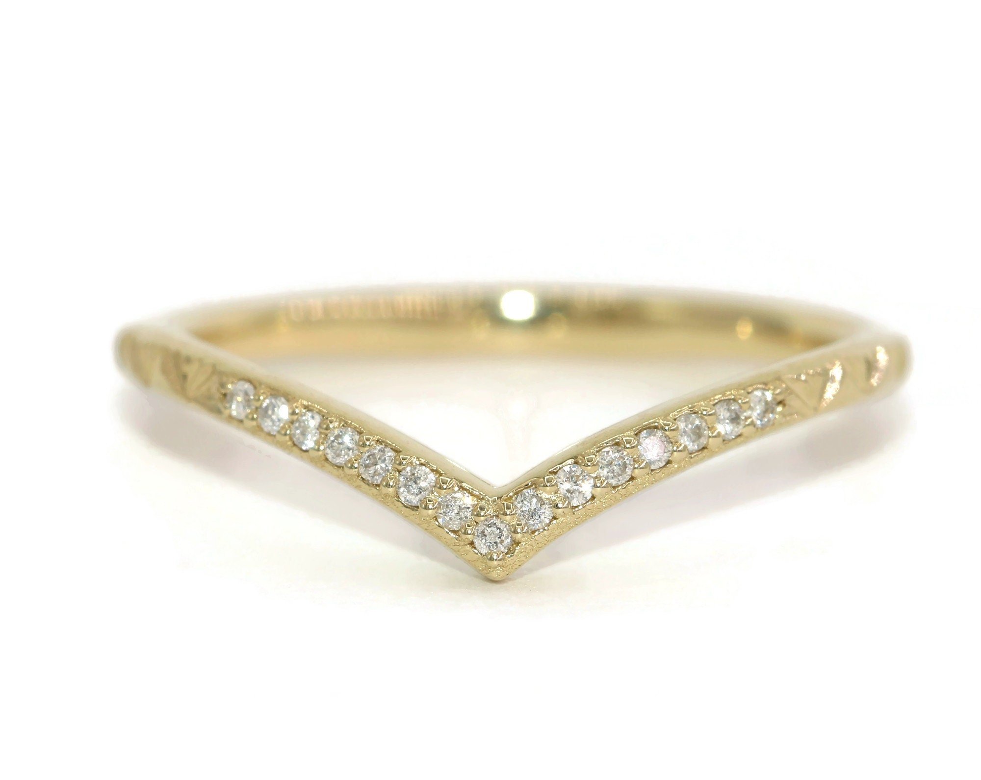 Hand Engraved Chevron Ring with Pave Set Natural Diamonds