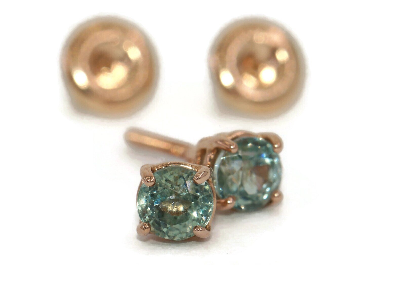 Custom Made Teal Green Natural Sapphire Stud Earrings with Screw Backs