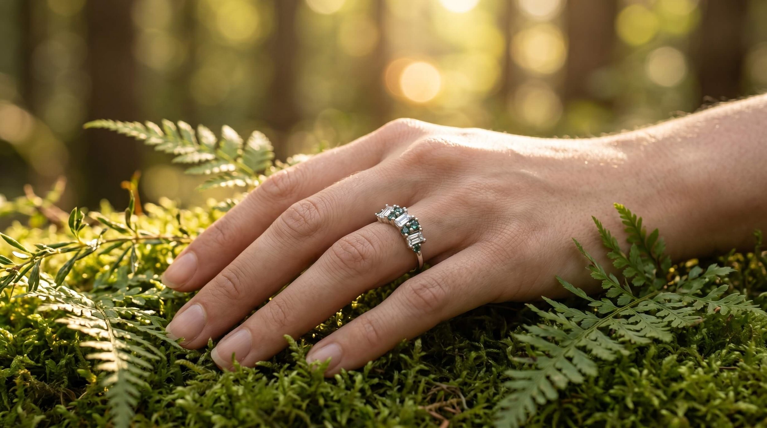 A hand resting on moss and ferns wears a ring featuring baguette diamonds alternating with round green gemstones, set against a sunlit forest background.