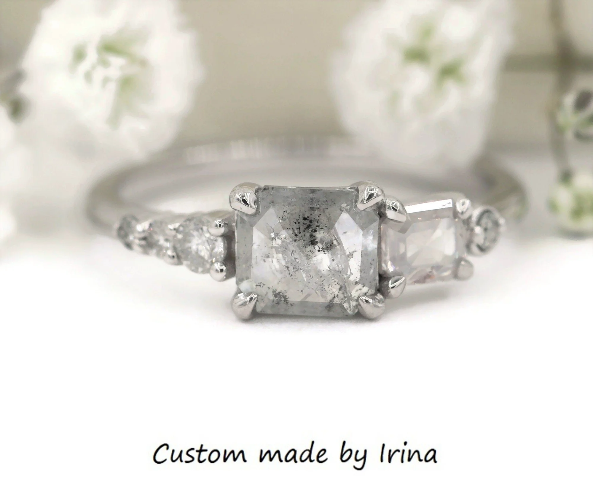 Salt and Pepper Ice Gray Natural Diamond Linear Ombre Cluster Ring 14k Solid Gold