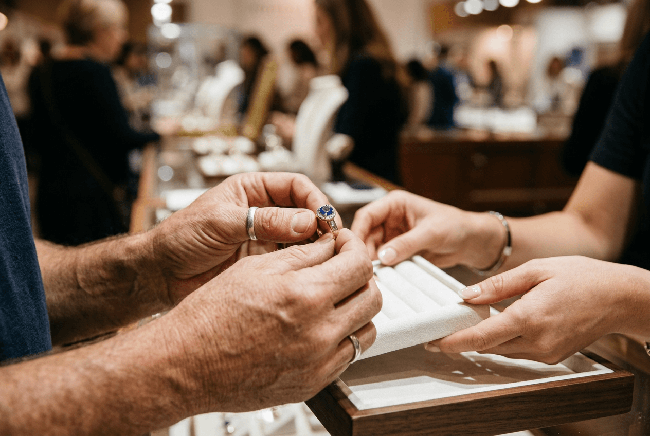 Jeweler and client examining a sapphire ring at a gem and jewelry trade show