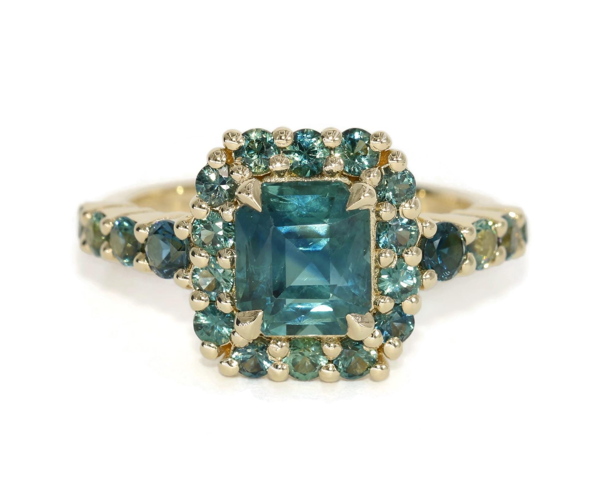 GIA Certified 3 ct Blue Green Natural Sapphire Halo Cluster Engagement Ring