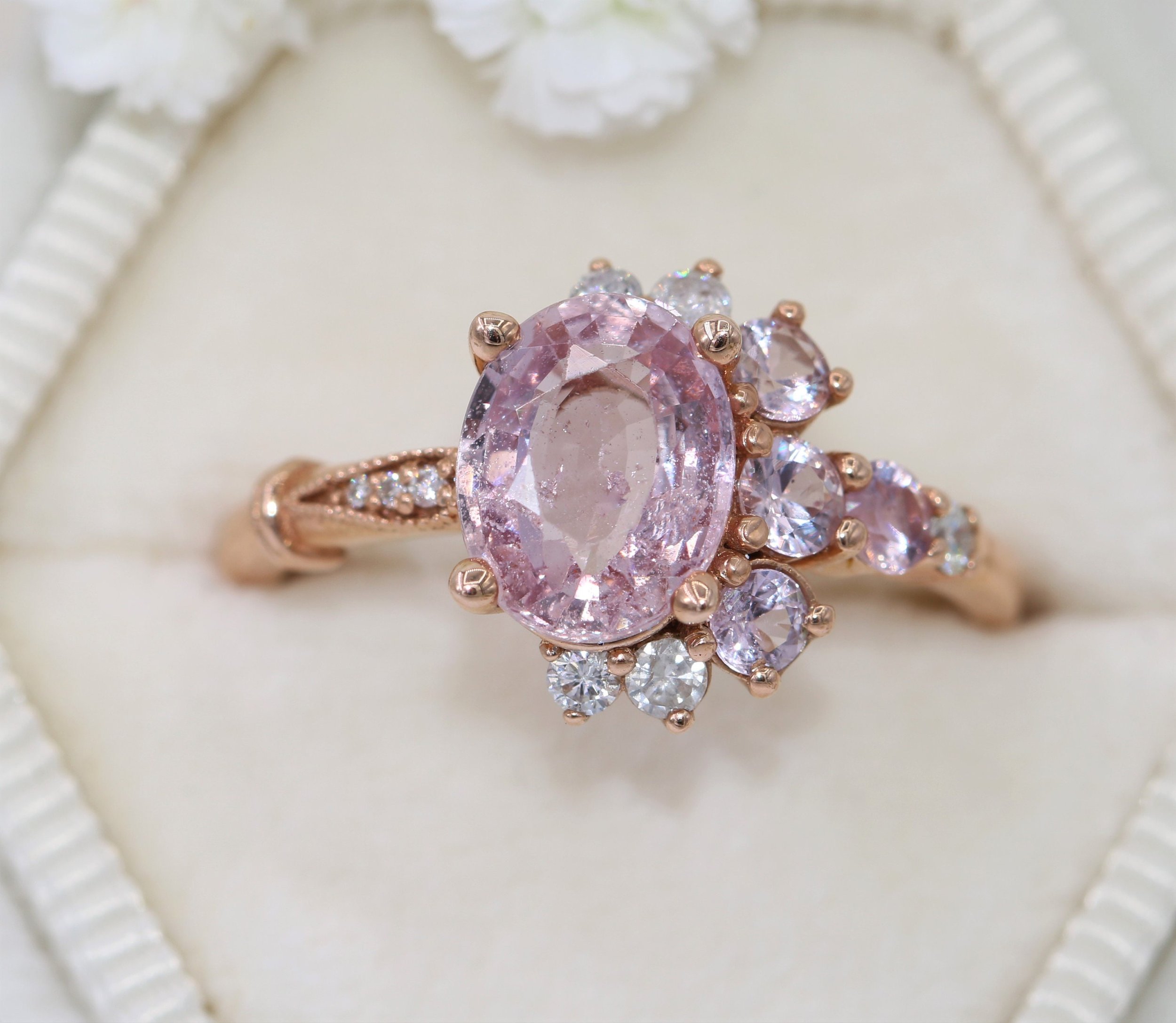 2 ct Oval Pink Sapphire Cluster One of a kind Crescent Half Halo Engagement Ring