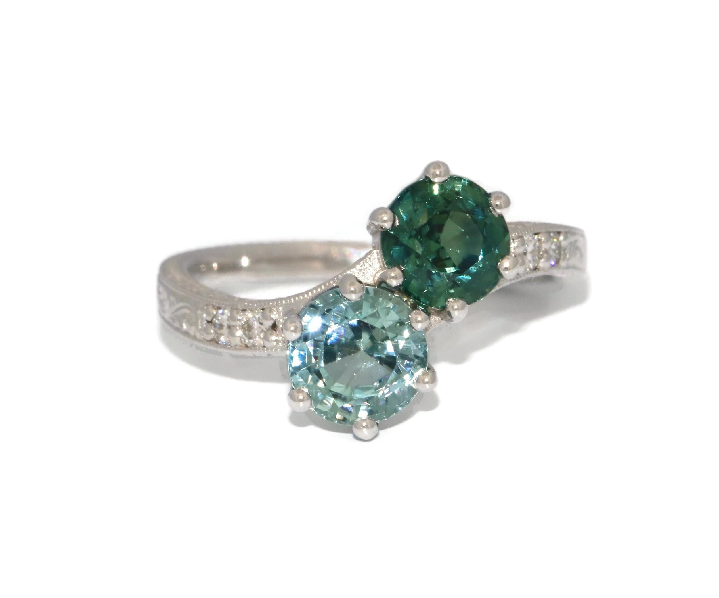 1.8 ct GIA Certified Hand Engraved Unheated Natural Montana Sapphire Moi et Toi Ring