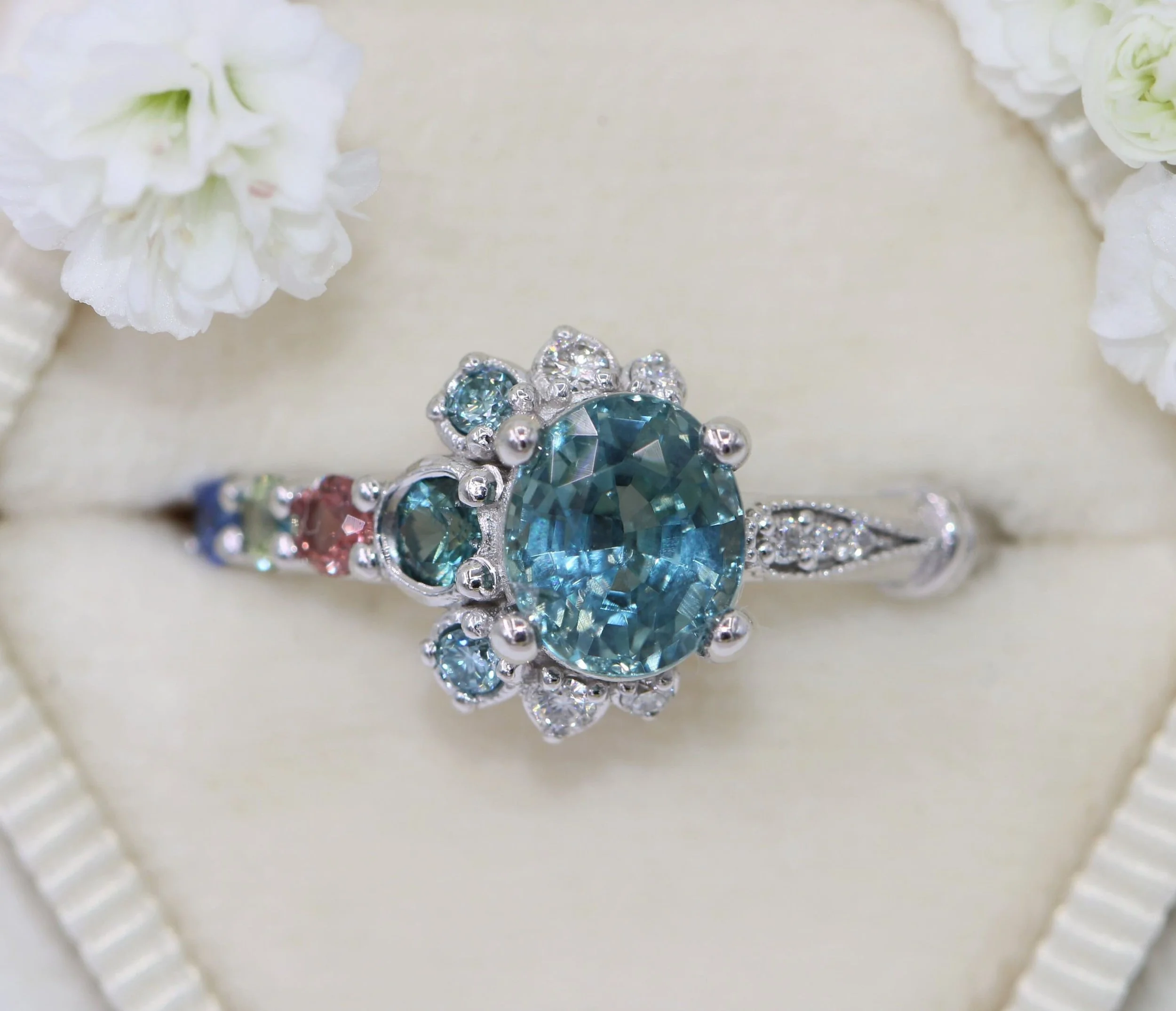 Crescent Half Moon Ombre Halo Engagement 14k Solid Gold Ring, Setting ONLY