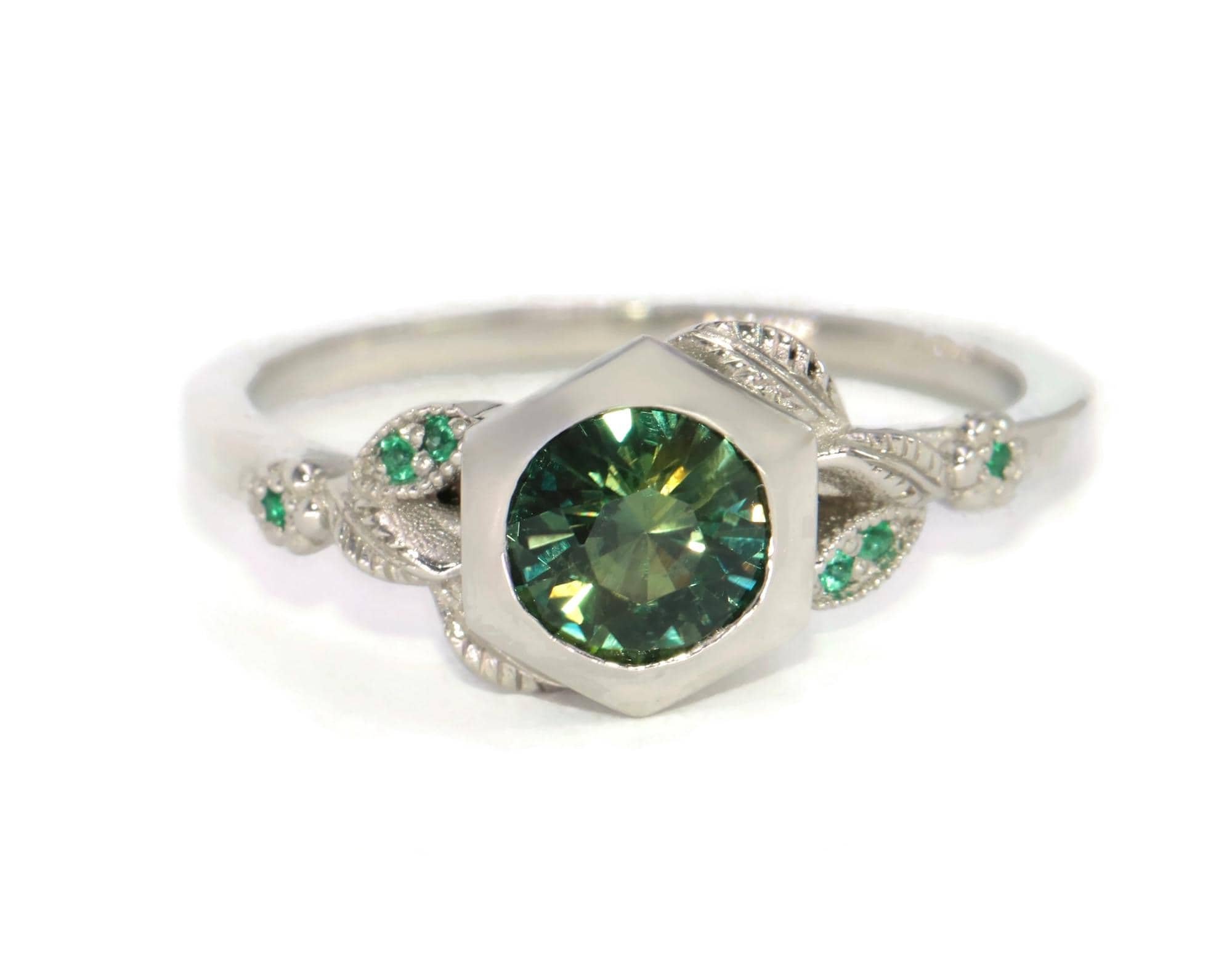1 ct Hexagon Bezel Teal Green Natural Sapphire Leaf Pattern Engagement Ring