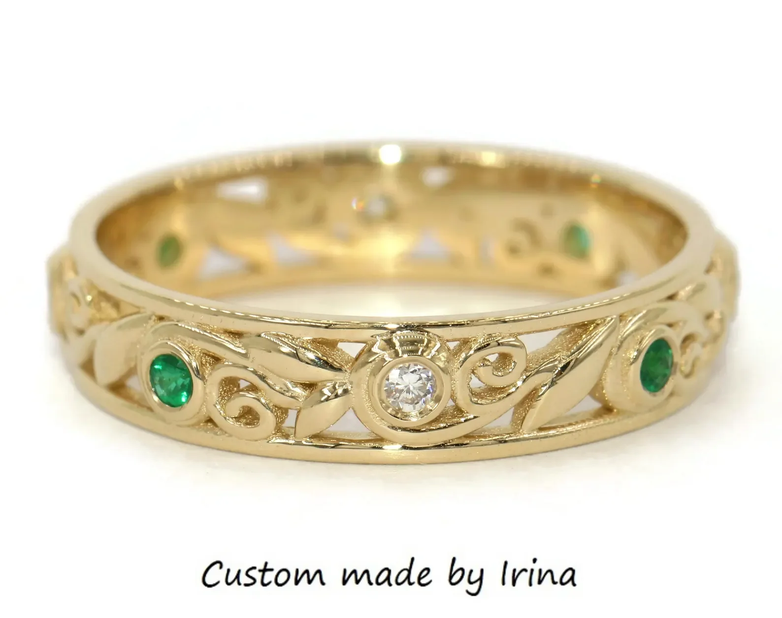 4 mm Wide Scroll Filigree Vine Leaf Lacework Eternity Ring with Alternating Diamonds + Emeralds 14k Solid Gold
