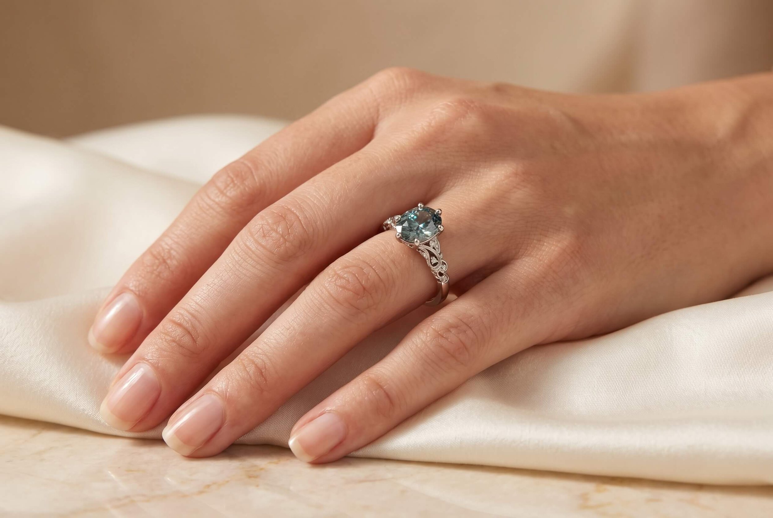 A close-up of a hand wearing a white gold ring featuring a round teal-blue gemstone in an ornate filigree setting, resting on cream silk fabric.