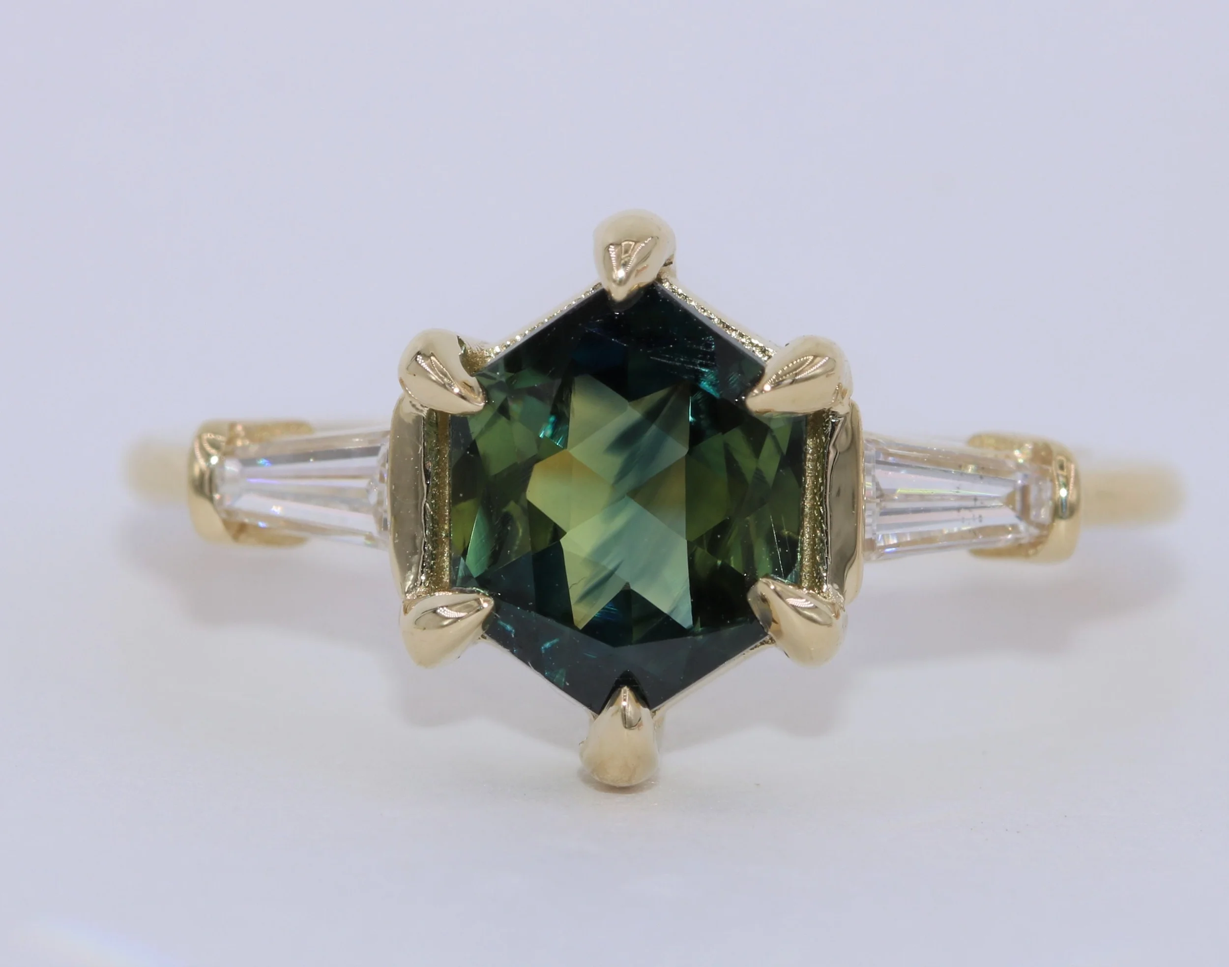 1.5 ct Hexagon Blue Green Natural Sapphire + Baguette Natural Diamond 3 Stone Ring