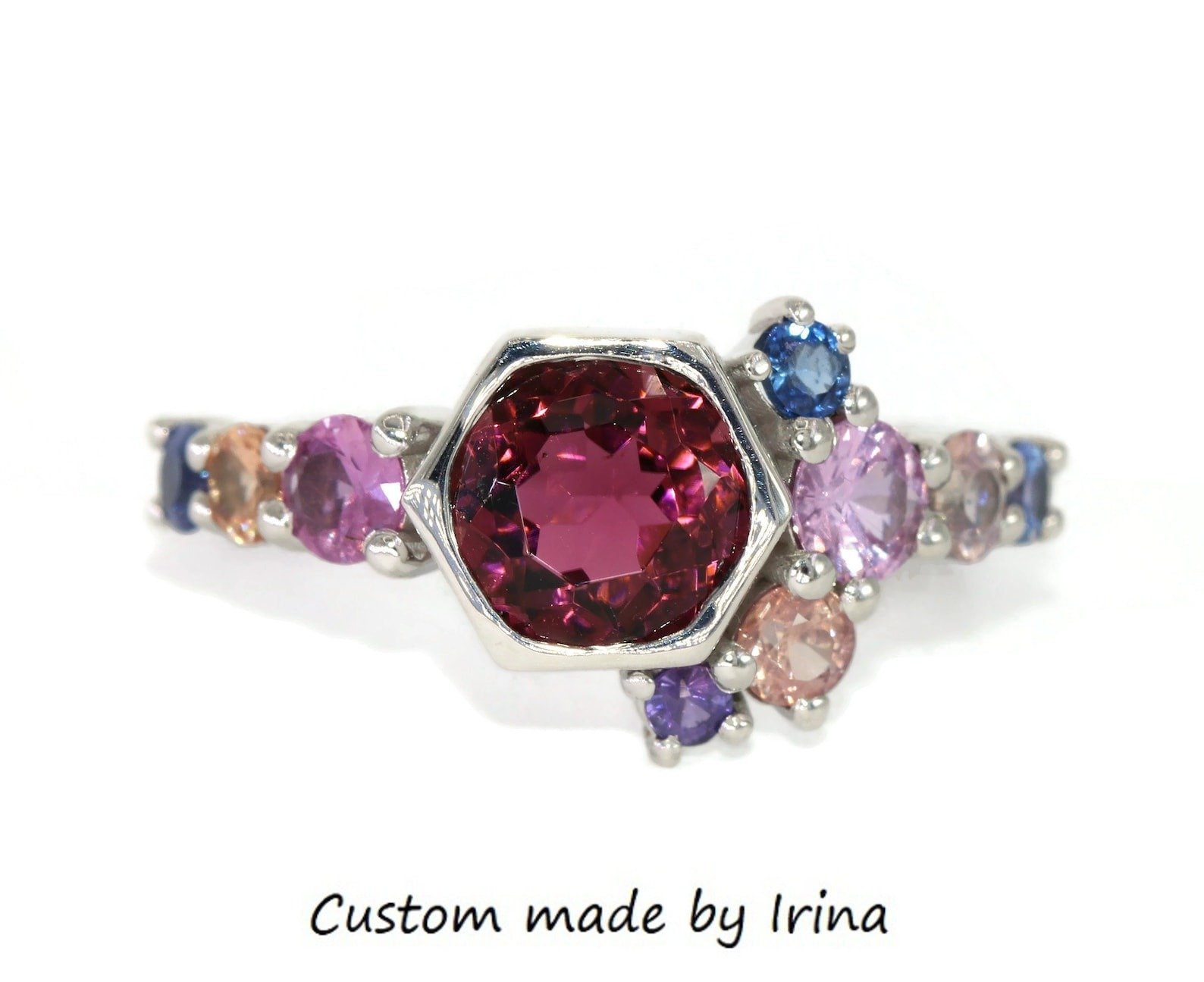 1.5 ct Natural Tourmaline and Sapphires Pink Peach Ombre Cluster Ring 14k Solid Gold