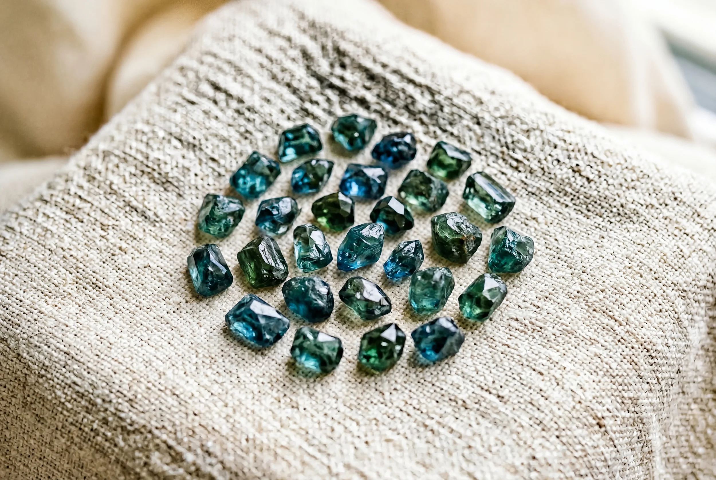 A collection of raw blue and green Tourmaline gemstones arranged on a beige woven fabric surface.