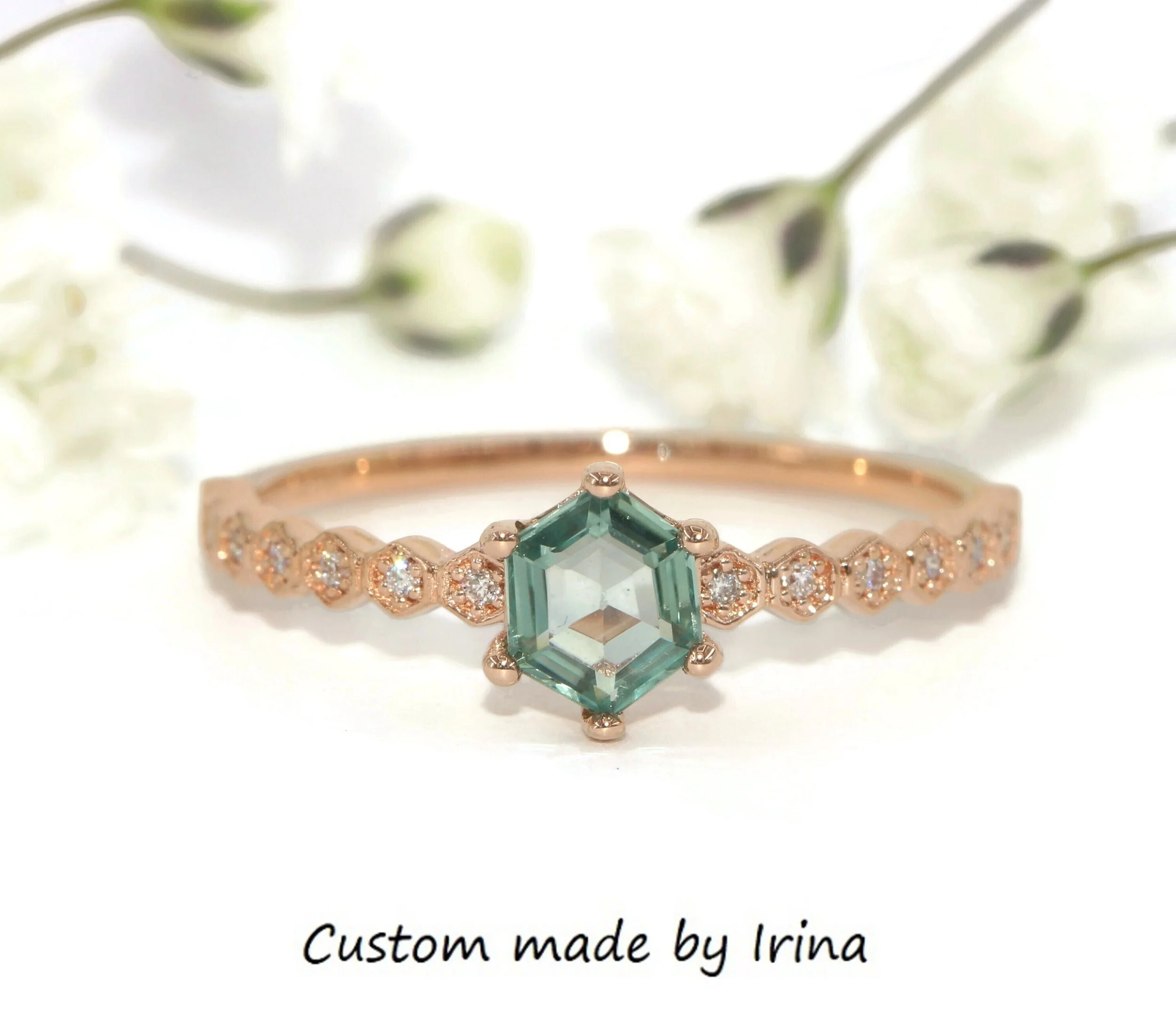 Teal Pastel Hexagon Natural Montana Sapphire Honeycomb Ring 14k Solid Gold