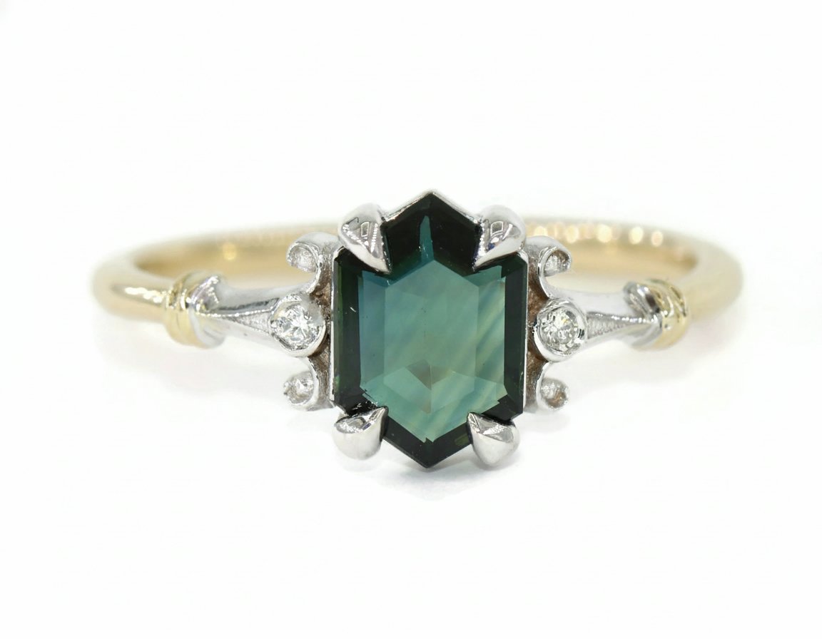 Vintage Inspired 1 carat Hexagon Parti Blue Green Natural Sapphire Ring Custom Made