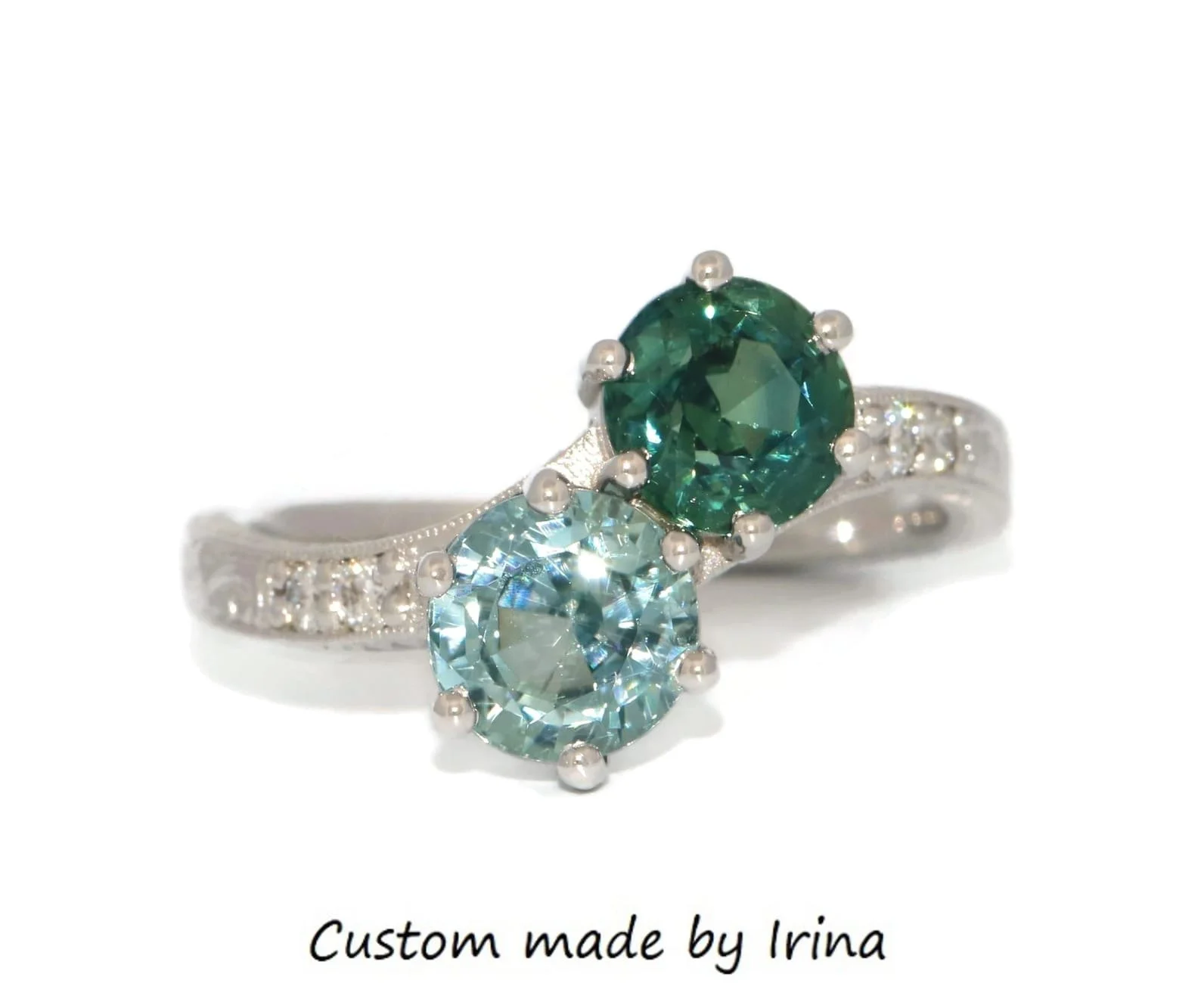 1.8 ct GIA Certified Hand Engraved Unheated Natural Montana Sapphire Moi et Toi Ring